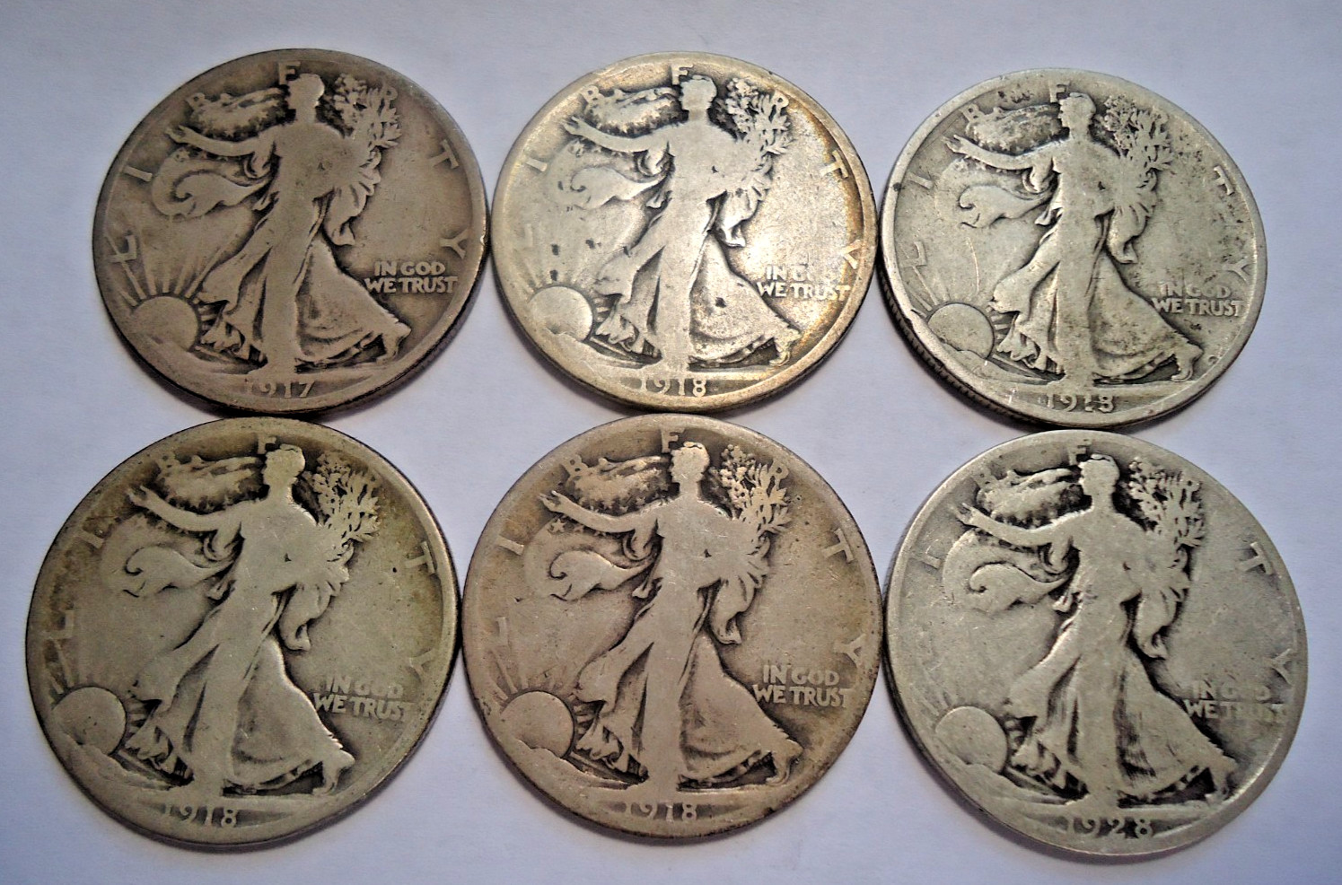 6 coins) 1917 S, 1918 S, 1928 S Walking liberty 50C half dollars FREE SHIPPING!