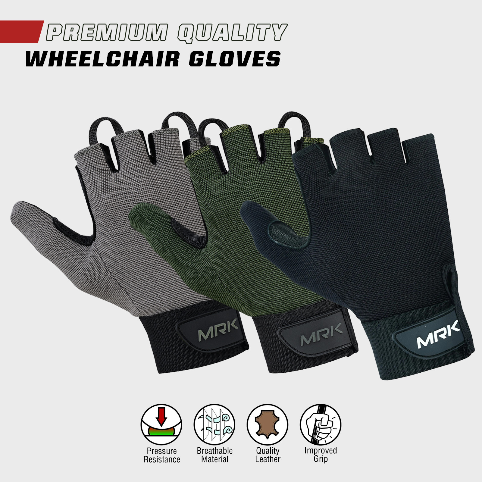 MRK Sports Wheelchair Gloves Mobility Aid Padded Leather Palm Full Thumb Grip