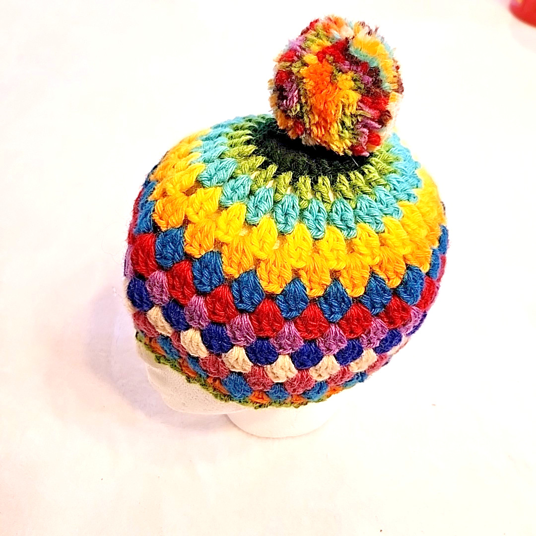 Handmade Hat Adult One Size Multi Color Knit Crochet Warm Soft Winter Pom Pom