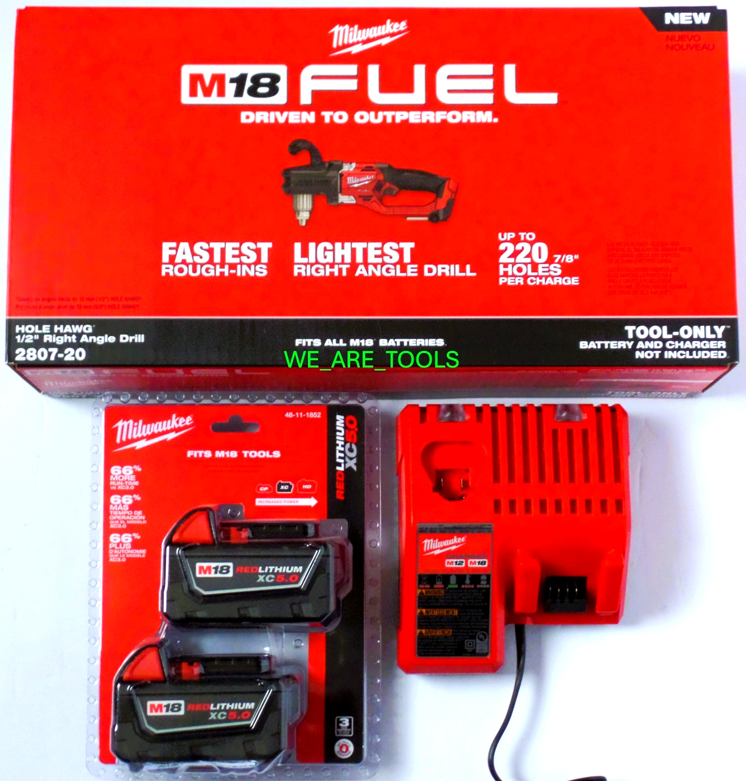NEW Milwaukee 2807-20 M18 Hole Hawg 1/2" Angle Drill, 2) 5.0 Ah Battery, Charger