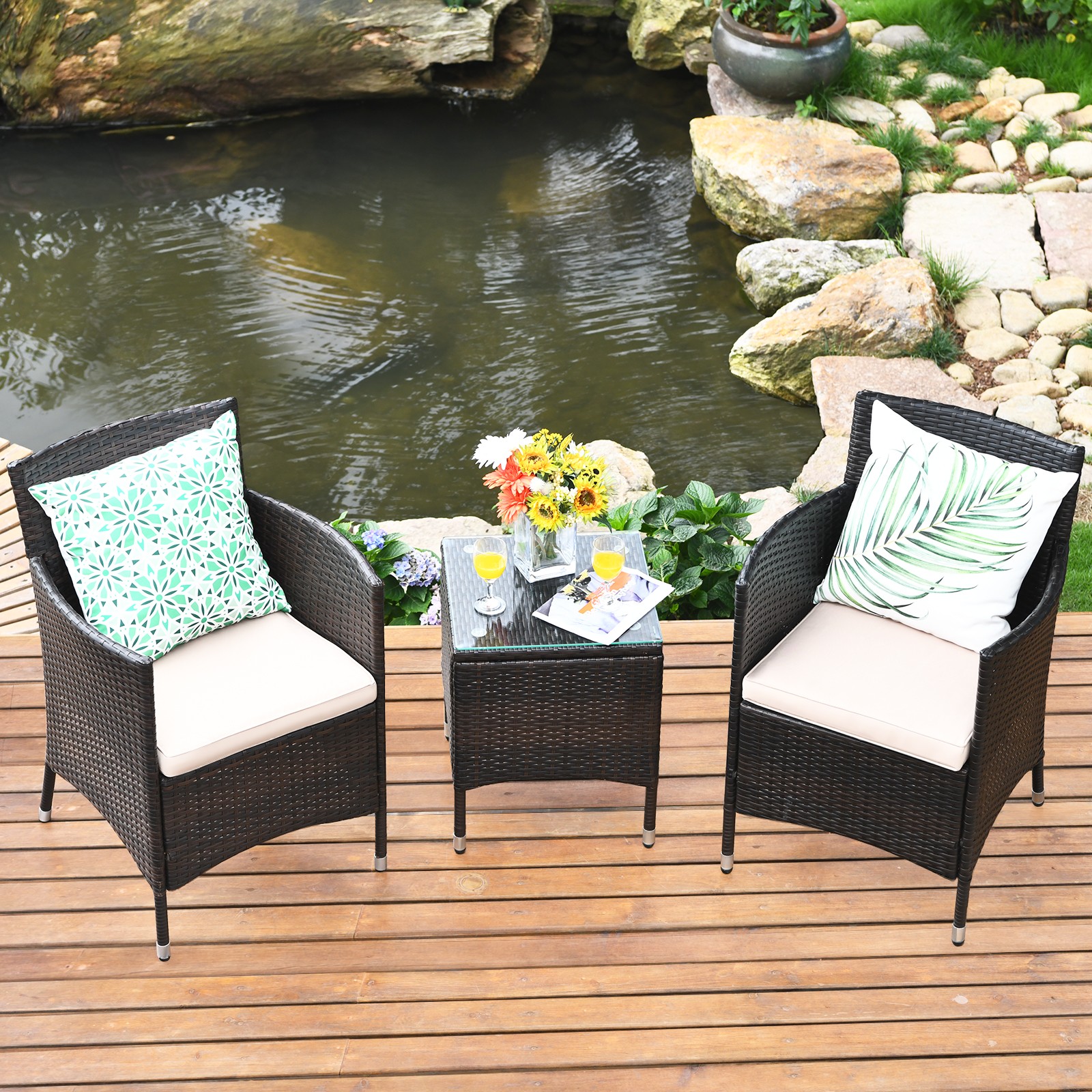 3PCS Rattan Wicker Table Chair Set PE Outdoor Sofa Couch Brown w/ Cushion
