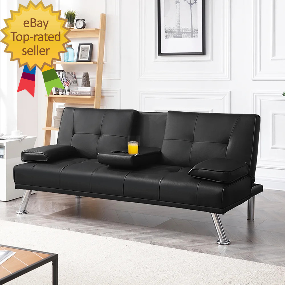 Luxurygoods Modern Faux Leather Futon with Cupholders and Pillows, Black
