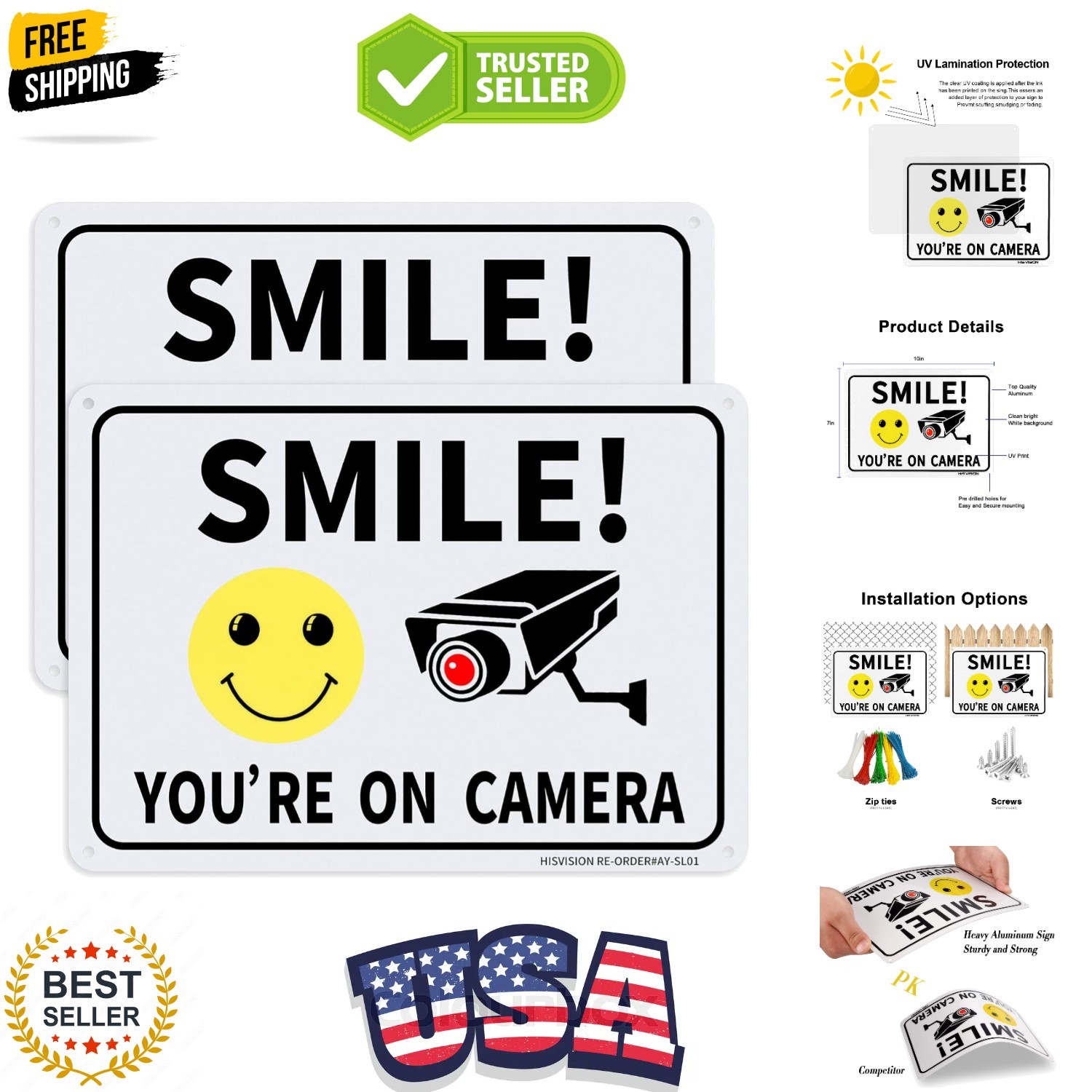 2 Pack Smile You're on Camera, Video Surveillance Sign, 10"x7" Rust Free Alum...