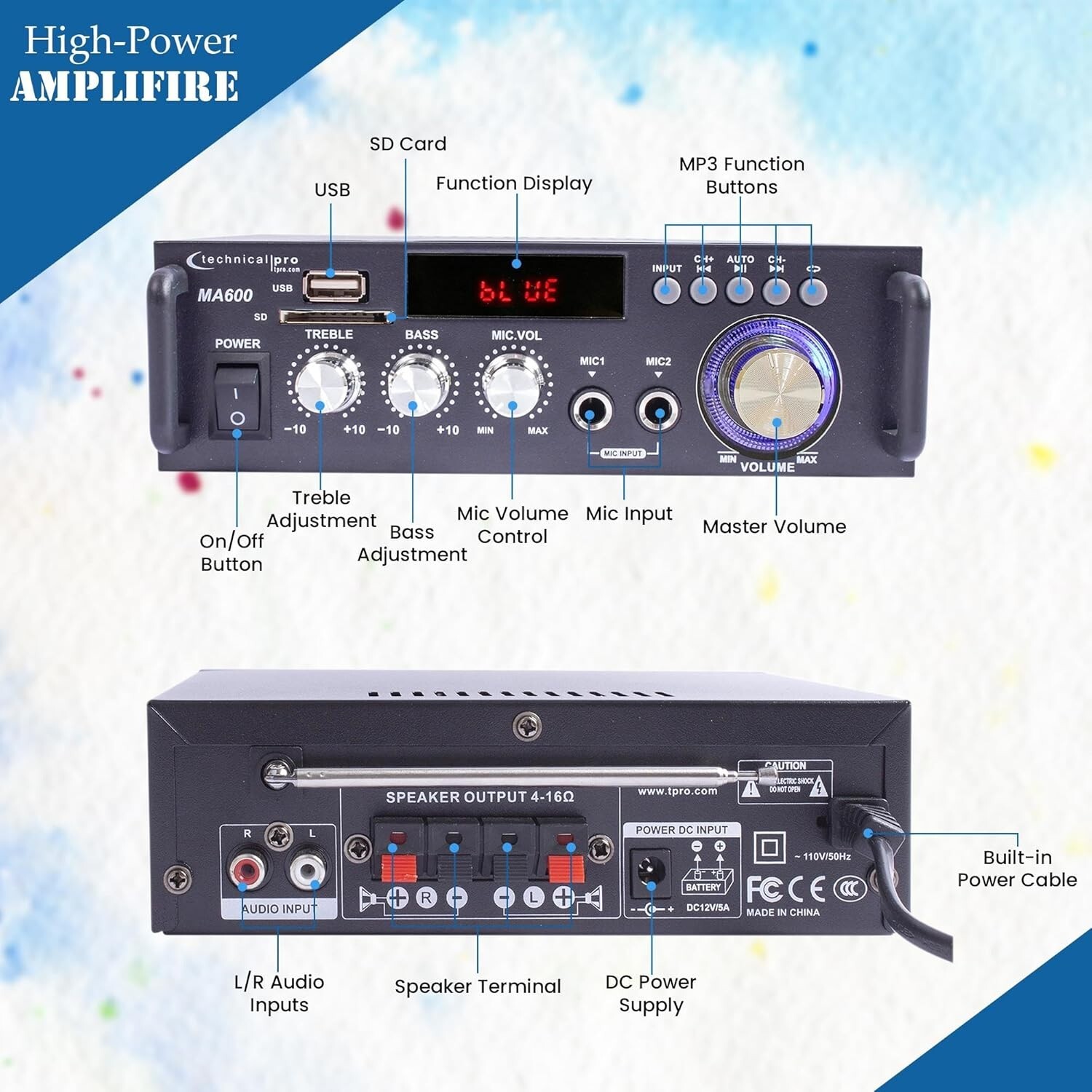 Technical Pro MA600 2-Channel 600-Watt Receiver Bluetooth Amp no remote