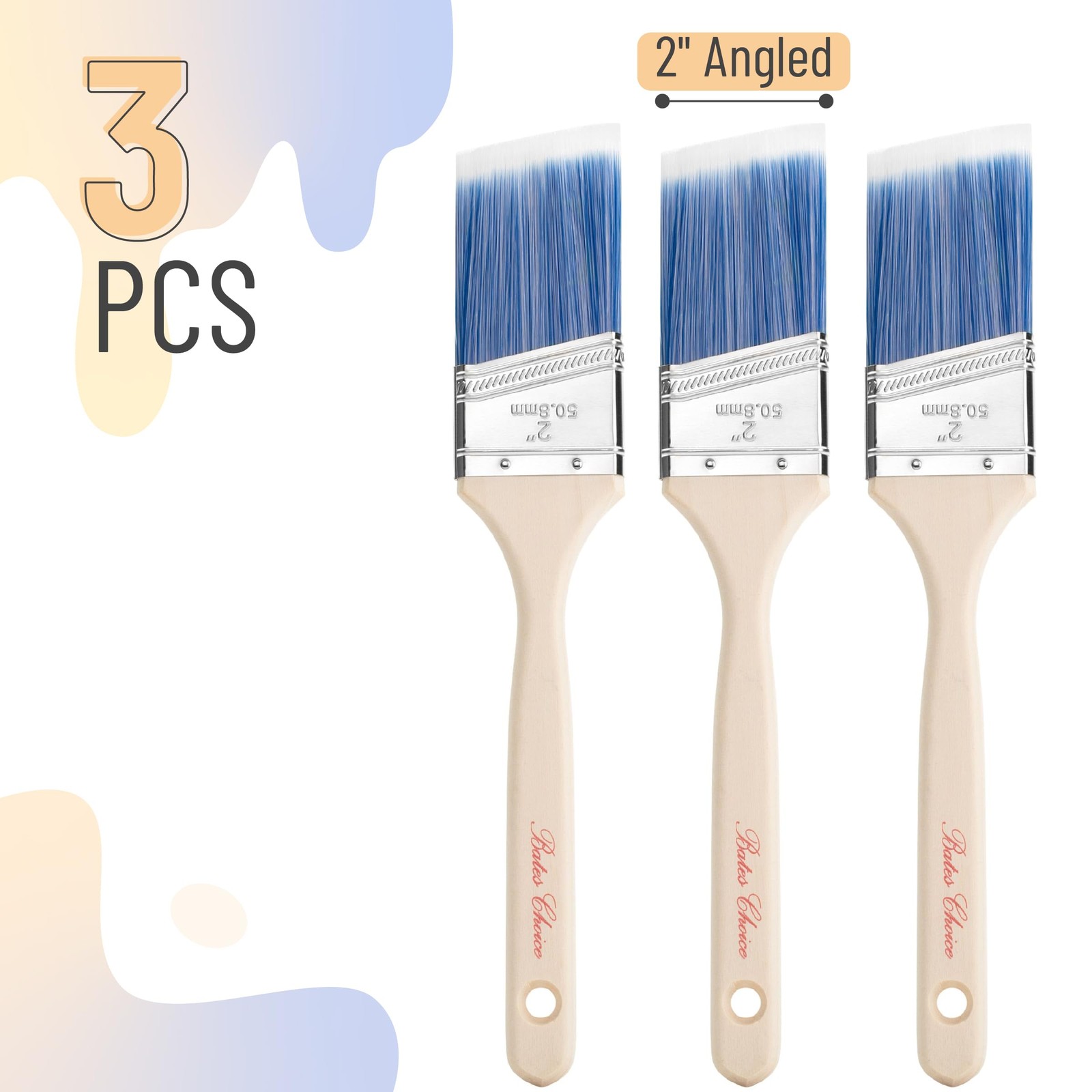 Bates- Paint Brushes, 2-Inch, 3 Pack, Angle Brushes, Treated Wood Handle, Paint