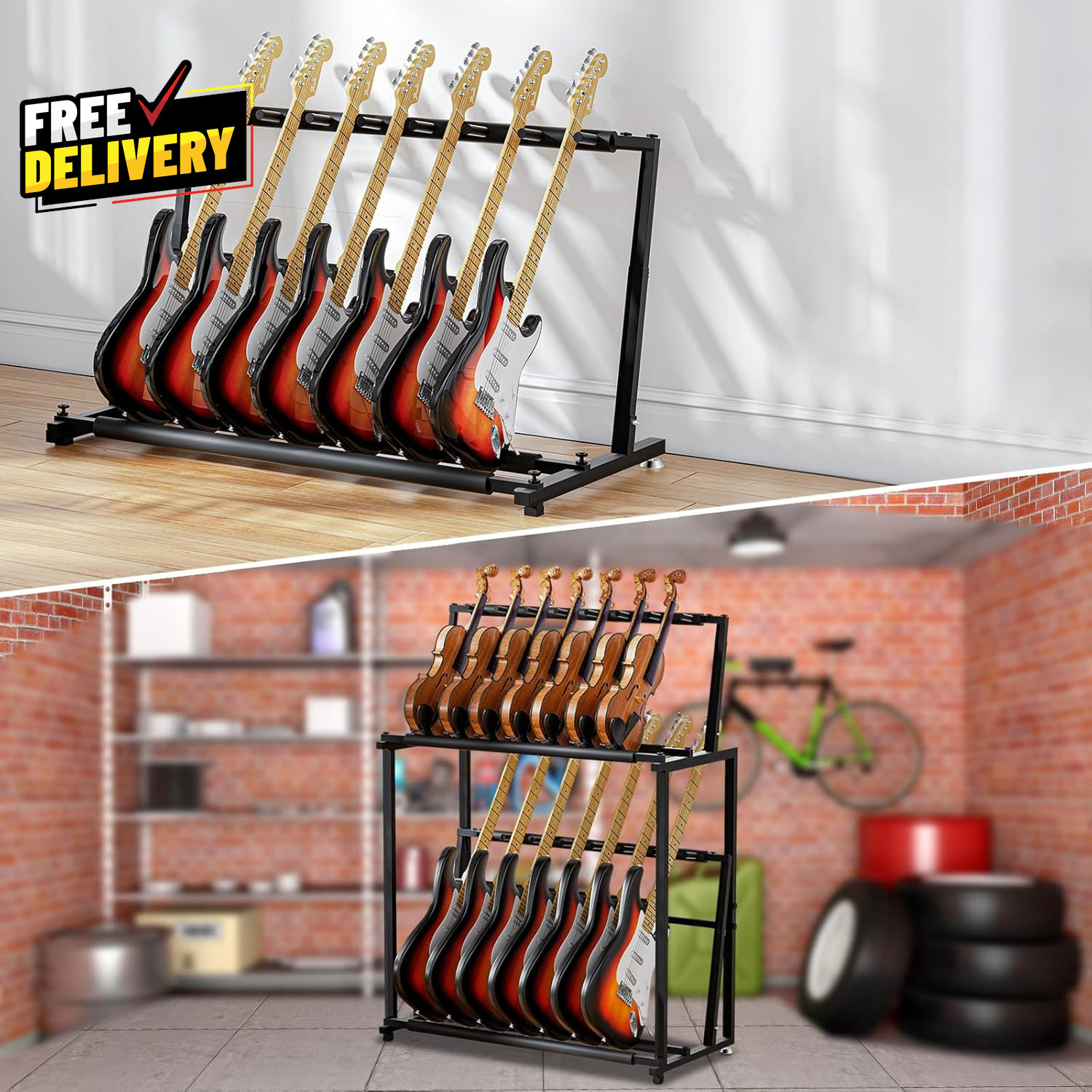Multi Guitar Stand Folding 14 Standing Floor Multiple Guitars Display Rack Ad..