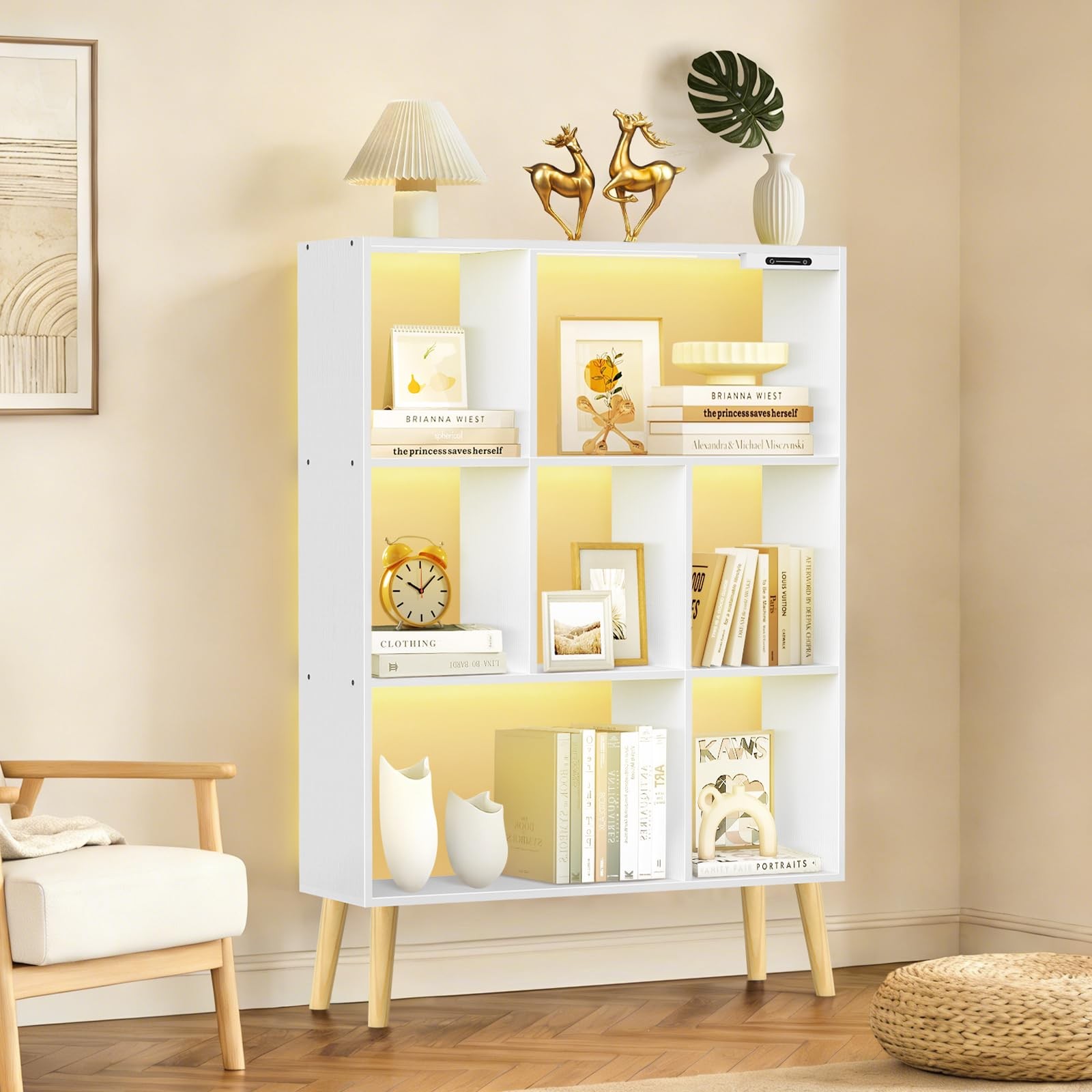 7-Cube Bookshelf with Lights, Touch & Remote Control, Freestanding Open Bookc...