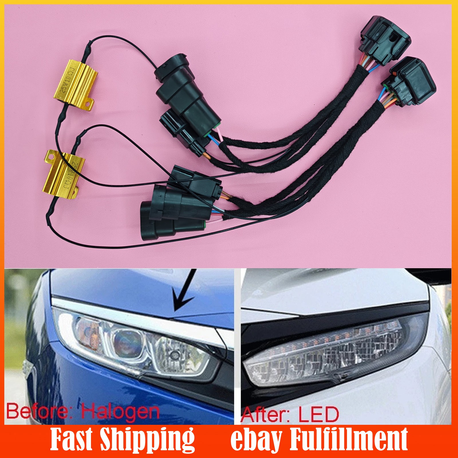 2x Halogen to LED Headlight Wire Harness Adapter For Honda Civic 10th 2016-2020