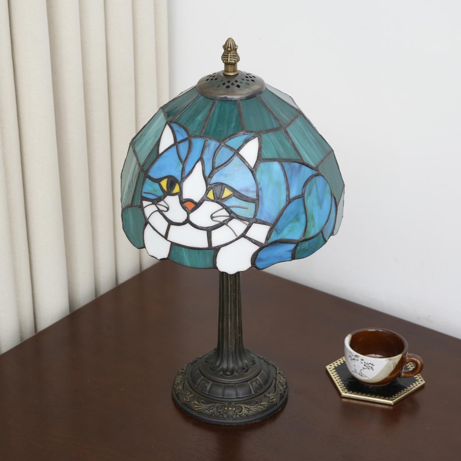 Tiffany Lamp Stained Glass Table Lamp 8X8X14 Inches Cat Style Living Room Bed...