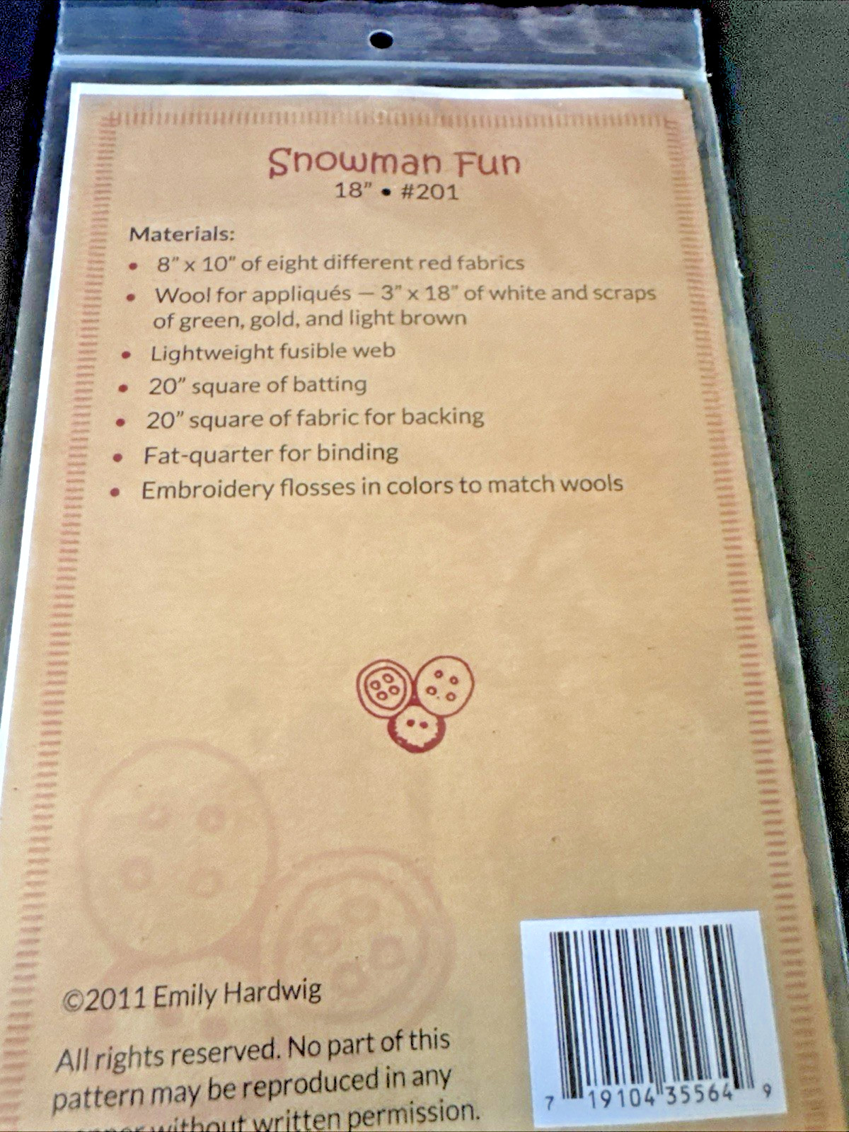 Red Button Quilt Co Incl Fabric Snowman Fun , Instructions & Pattern - NEW