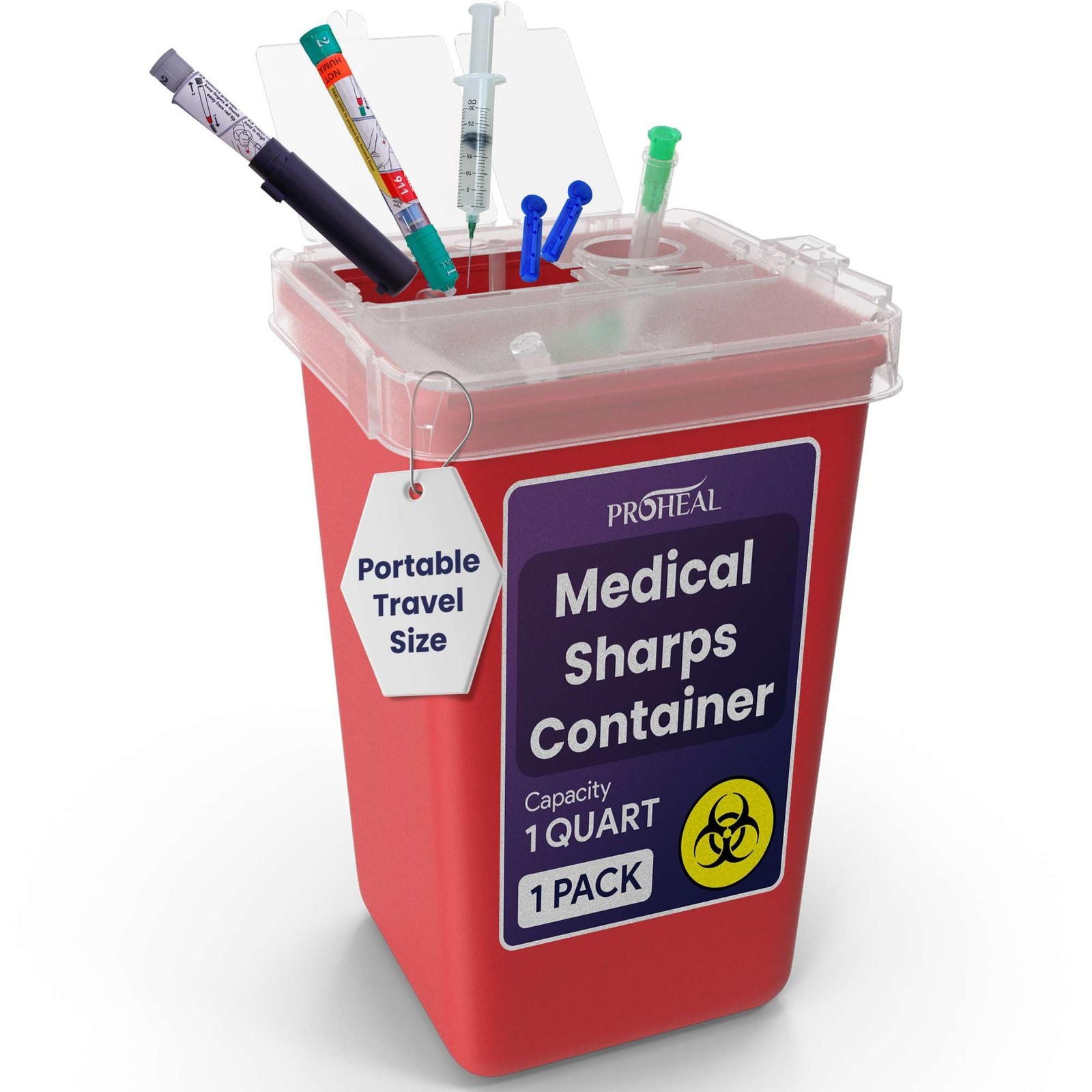 Small Sharps Container for Home Use - 1 Quart Needle Disposal 1 Quart, Red