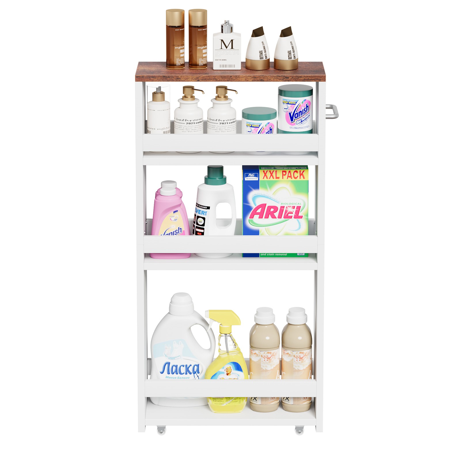 Utility Slim Storage Cart 4 Tier Small Rolling Kitchen Laundry Room Cart White