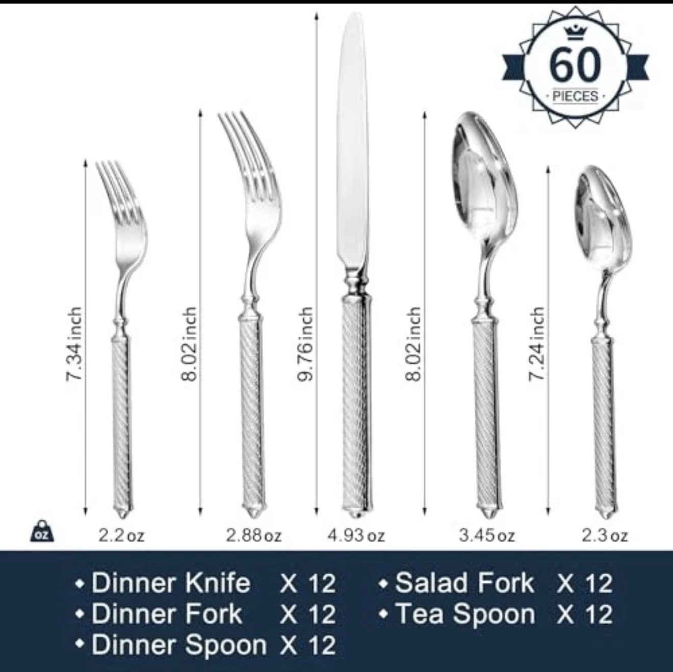 Retro Rope-Patternware Set Flatware Set Cutlery Set Forged 60-Piece Silver