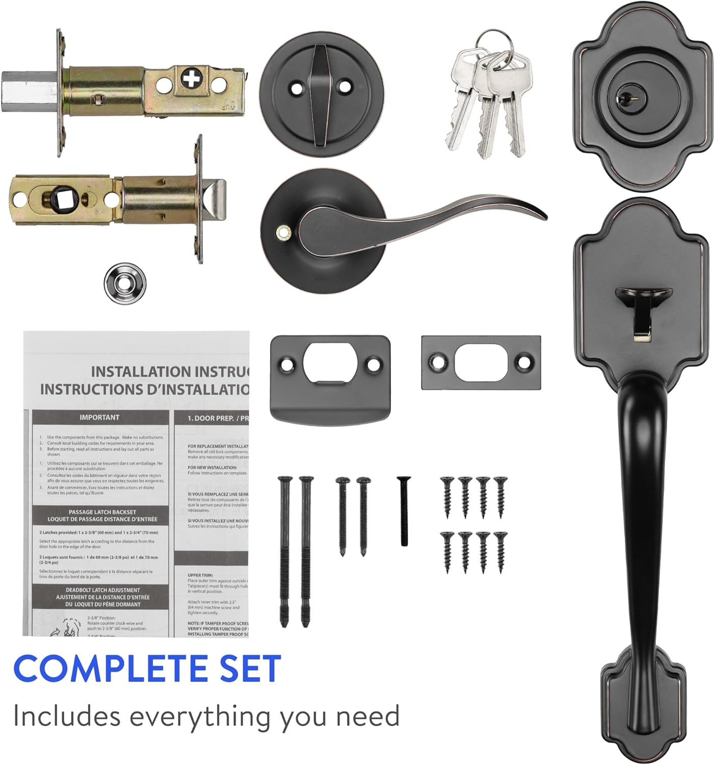 - Front Door Lock and Handle with Deadbolt - Set Includes Installation Template,