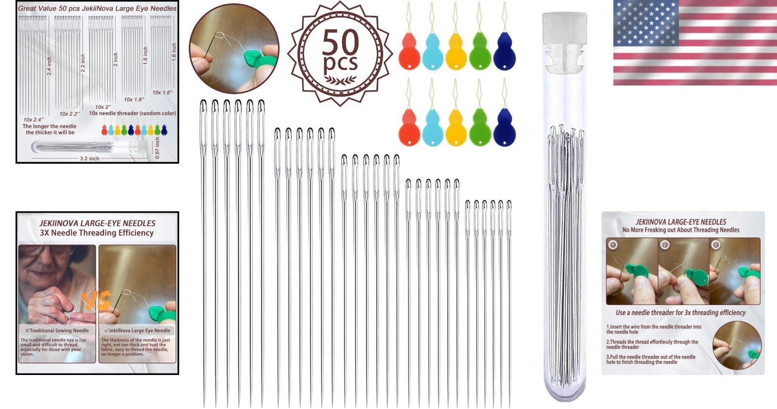 50 Large Eye Needles with Threaders & Storage - Effortless Sewing