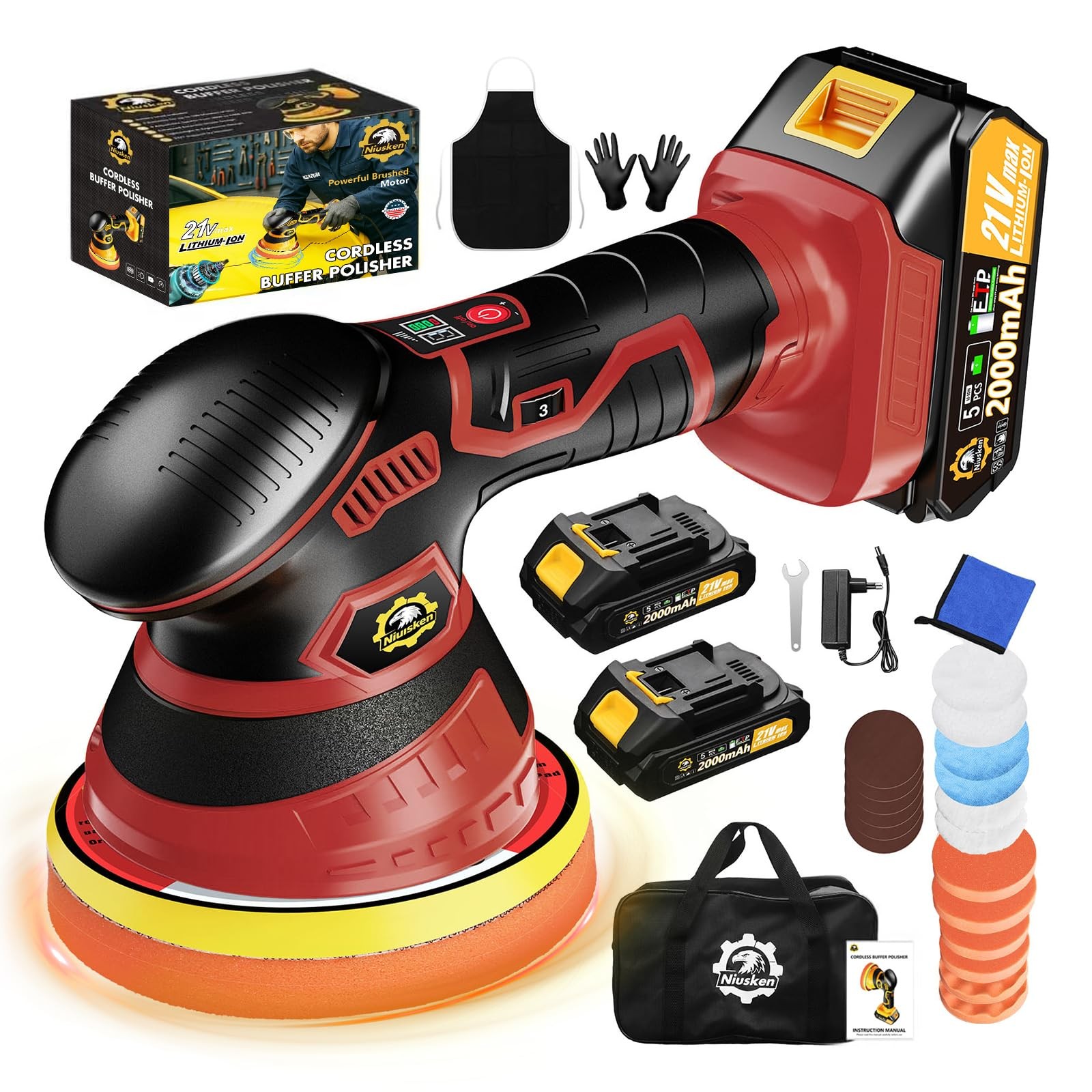 Niusken Cordless Car Buffer Polisher kit [2x 2000mAh 21V Batteries & 21V, Red