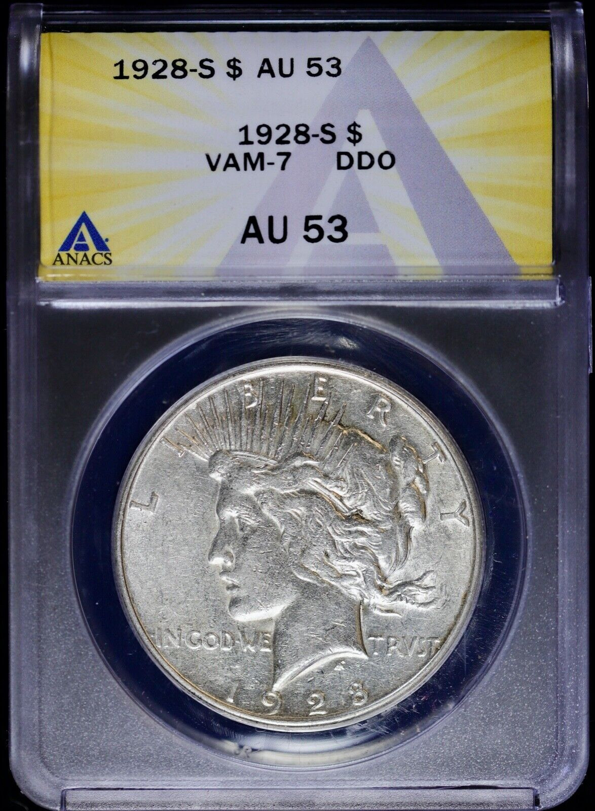 1928-S $1 Peace Silver Dollar ANACS AU 53 | VAM-7 DDO