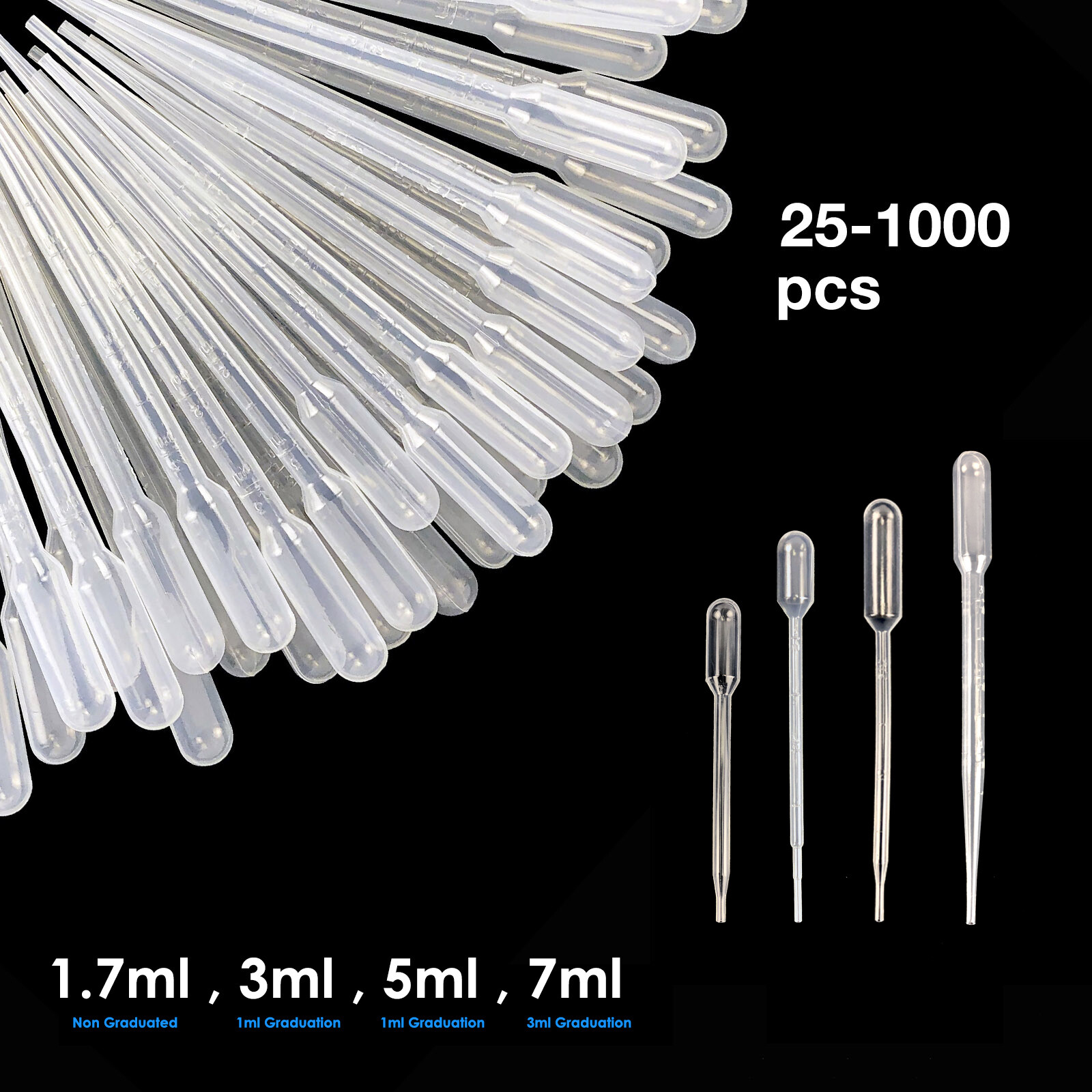 Full Bulb 1.7mL-7mL Capacity Plastic Transfer Pipettes Graduated Dropper 25-1000