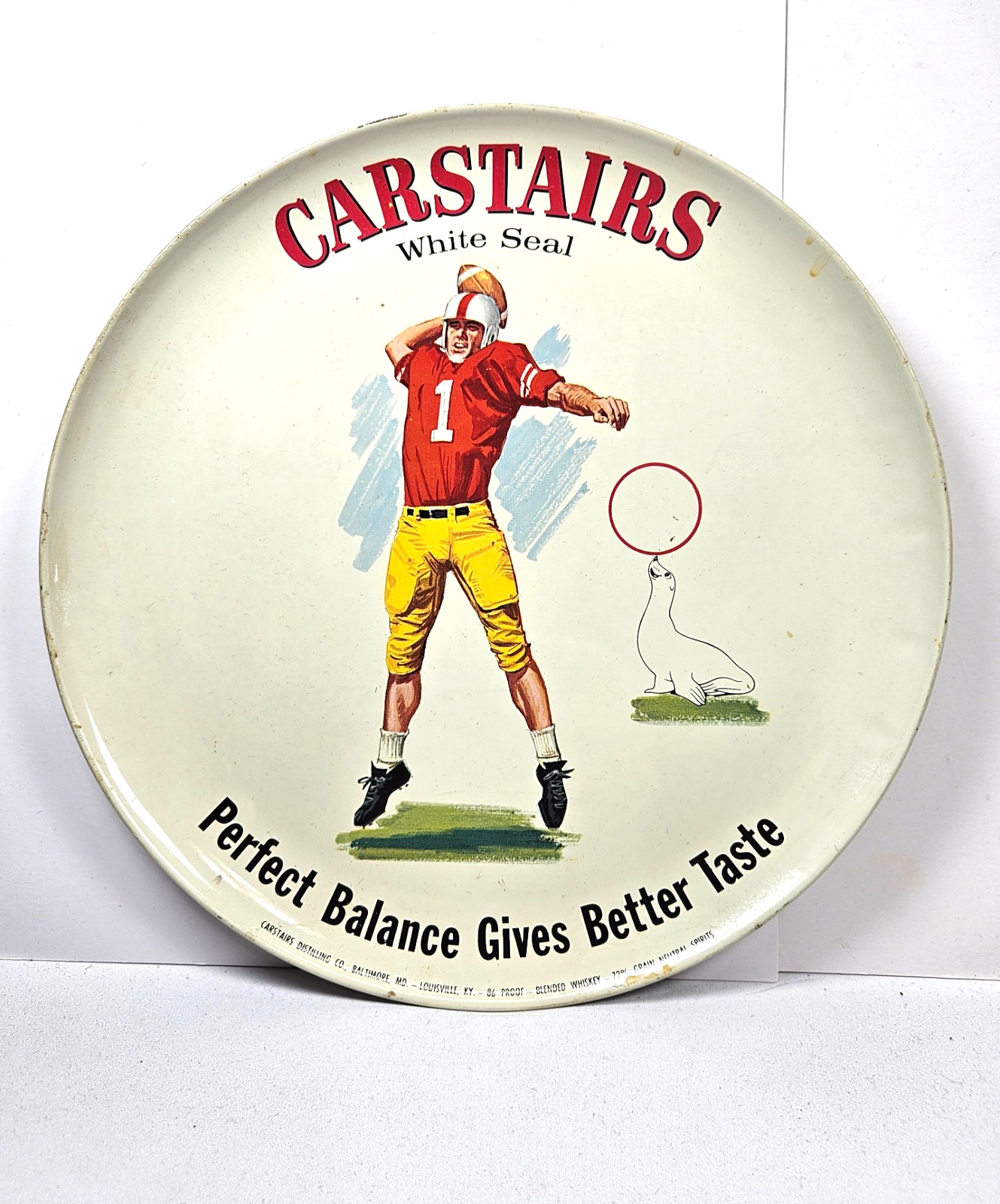 Vintage Football Carstairs White Seal Whiskey Tin Bar Tray Sign 11"