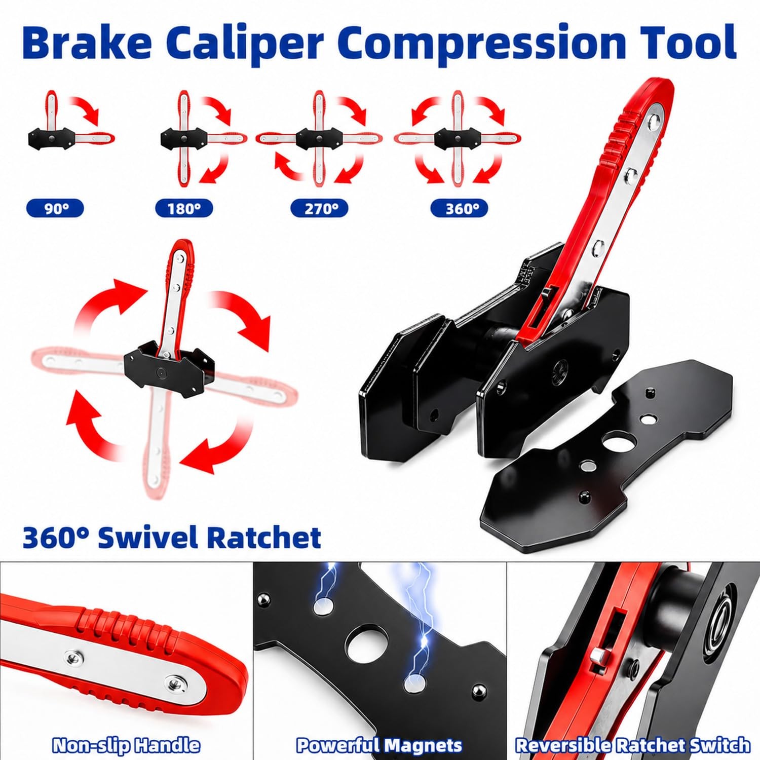 Brake Caliper Compression Tool, 360° Adjustable Ratcheting Universal, Black