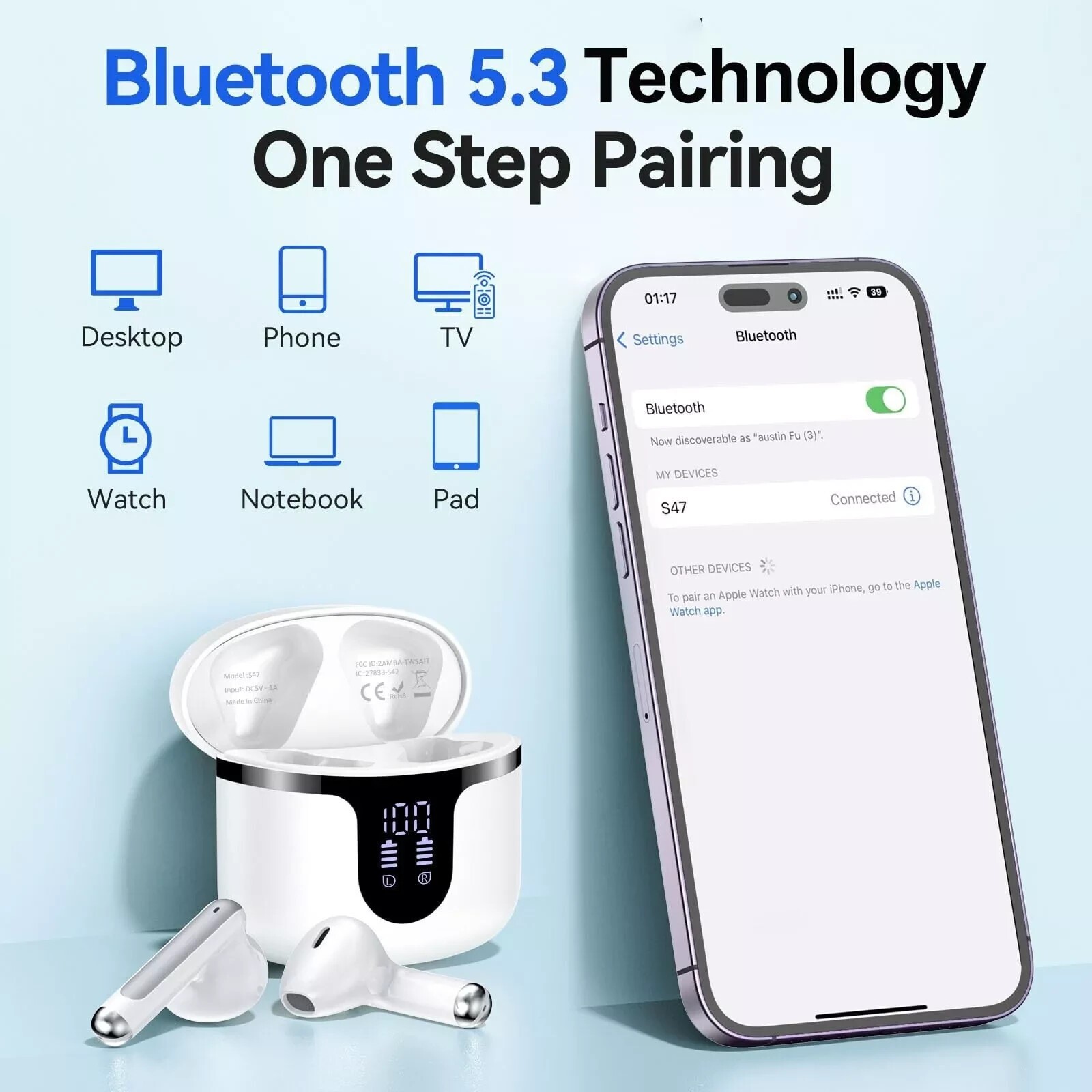 Bluetooth Headset 5.3 TWS Wireless Earphone Earbuds Headphones Stereo Waterproof