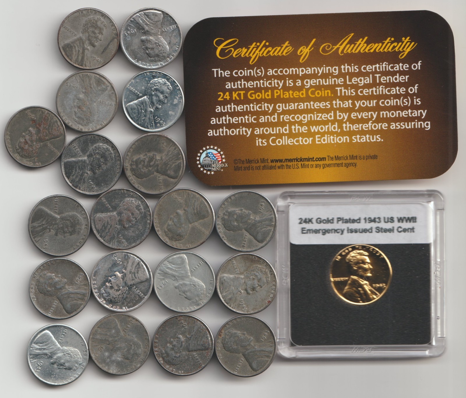 Rare Old 1943 US Lincoln Steel Penny Coin Collection WWII 24k Gold Plate LOT: 20