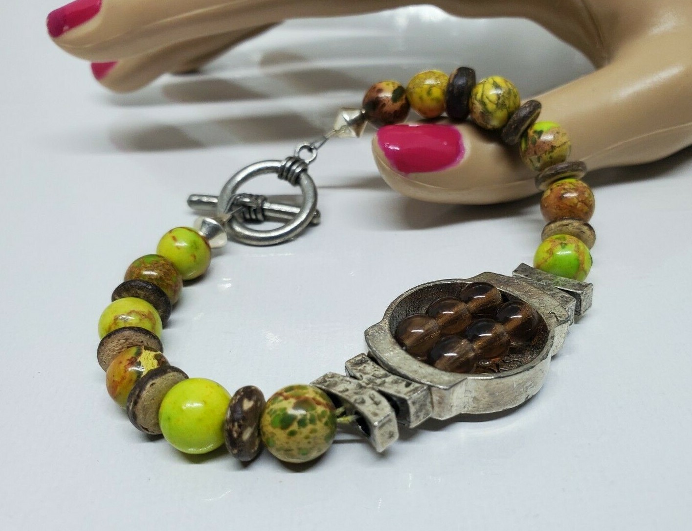Green Brown Beaded Tree Design Bracelet 8" Marked KS