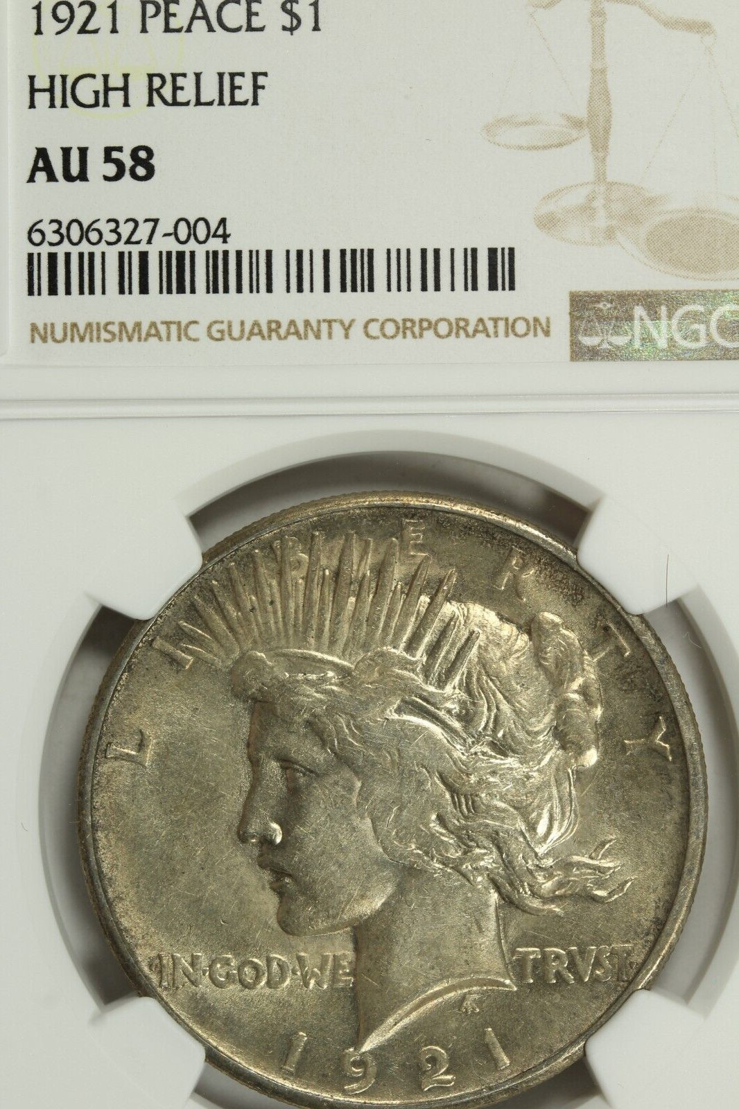 1921 High Relief Peace Dollar :  NGC AU58
