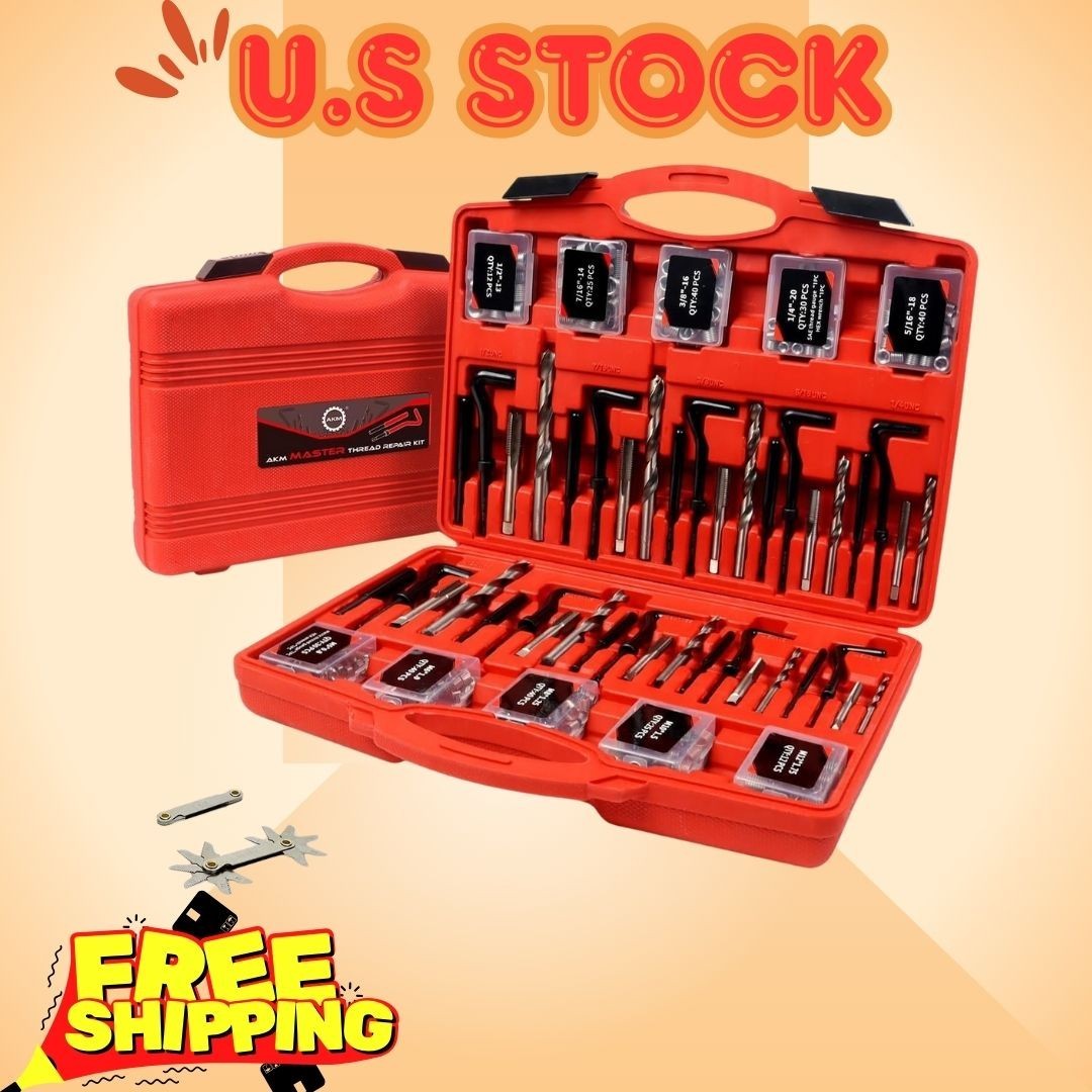 338Pc Thread Repair Kit HSS Helicoil SAE & Metric w/ Thread Gauge