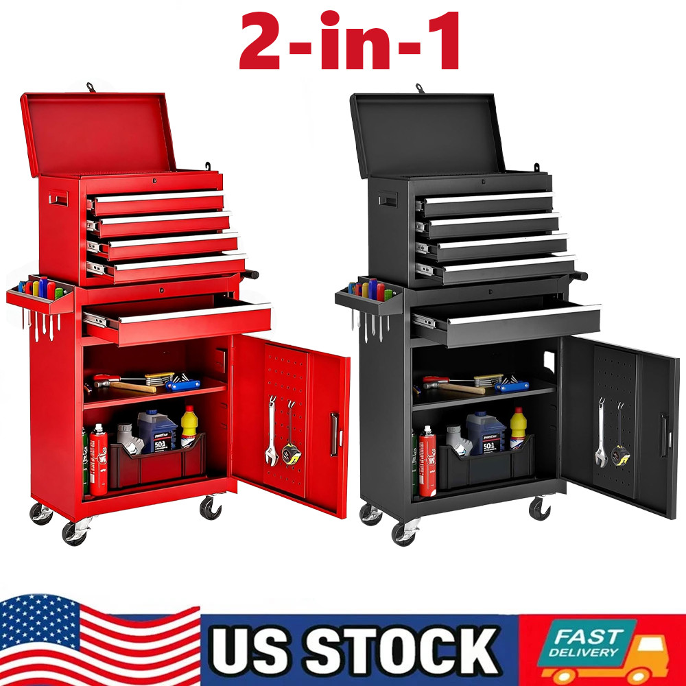 2-in-1 5-Drawer Heavy-Duty Rolling Tool Chest Cabinet with Lock & Swivel Wheels