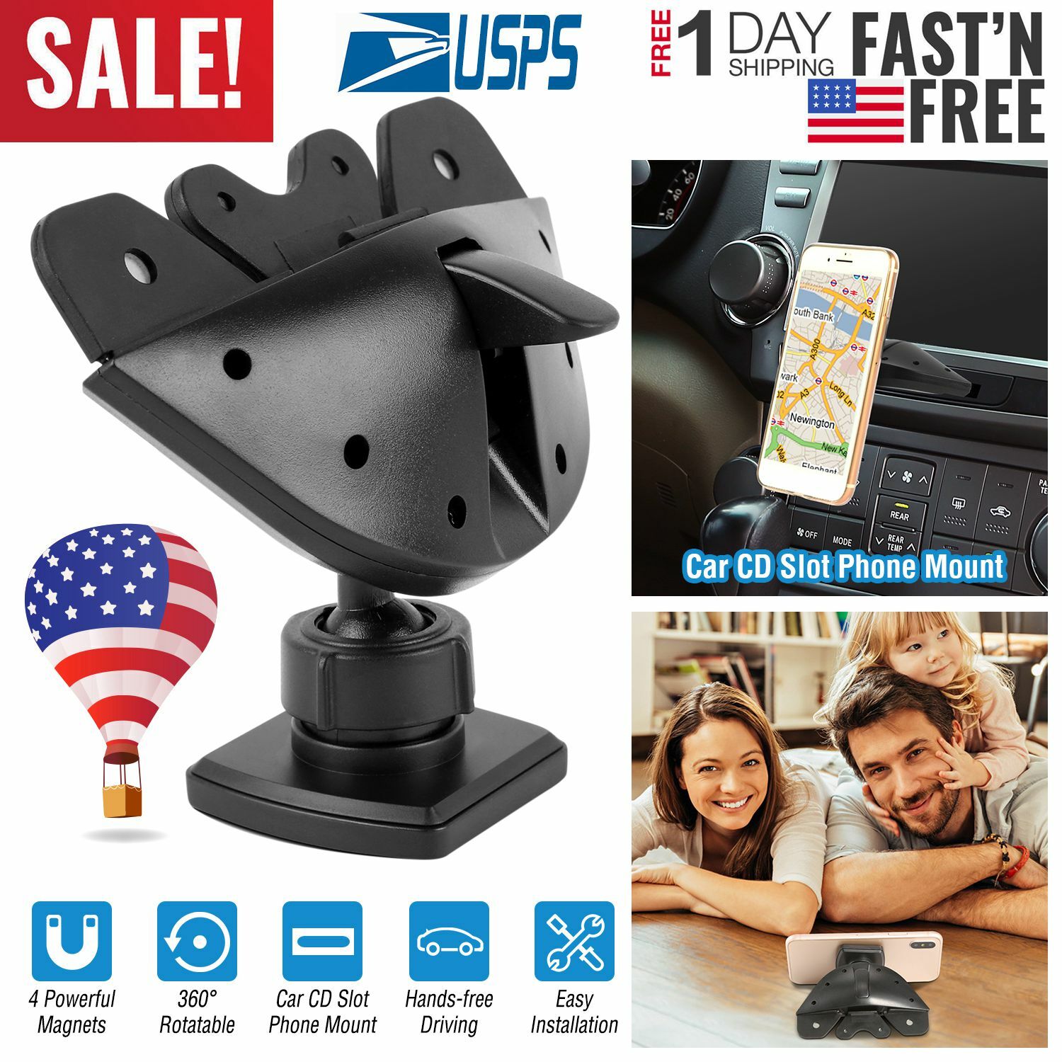 3 Ports USB Car Fast Charger CD Slot Mount Holder Stand For Samsung iPhone XR XS