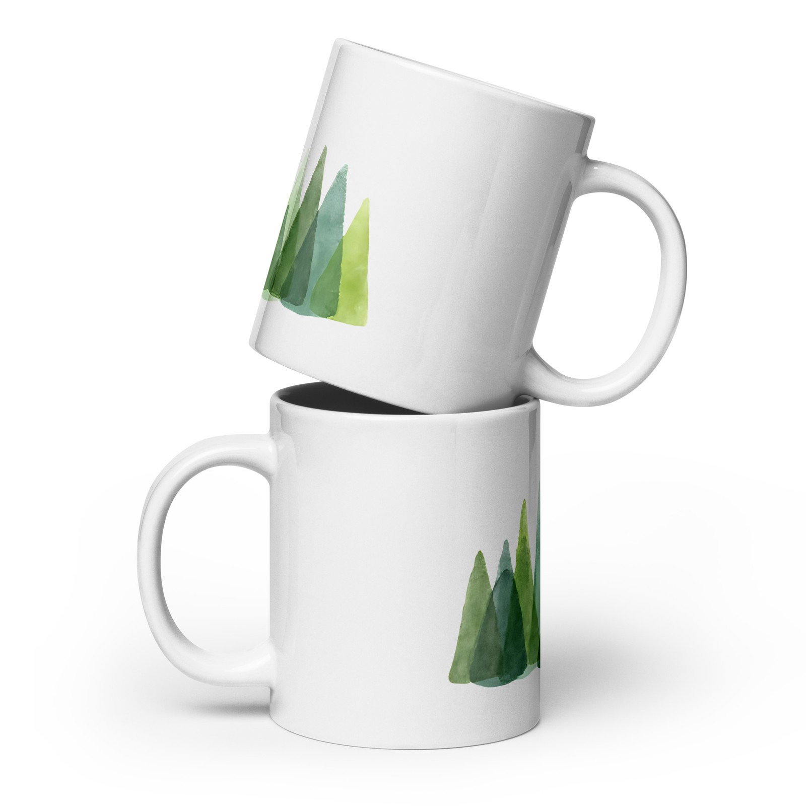 White glossy mug with a simple minimalistic coniferous watercolor-style forest