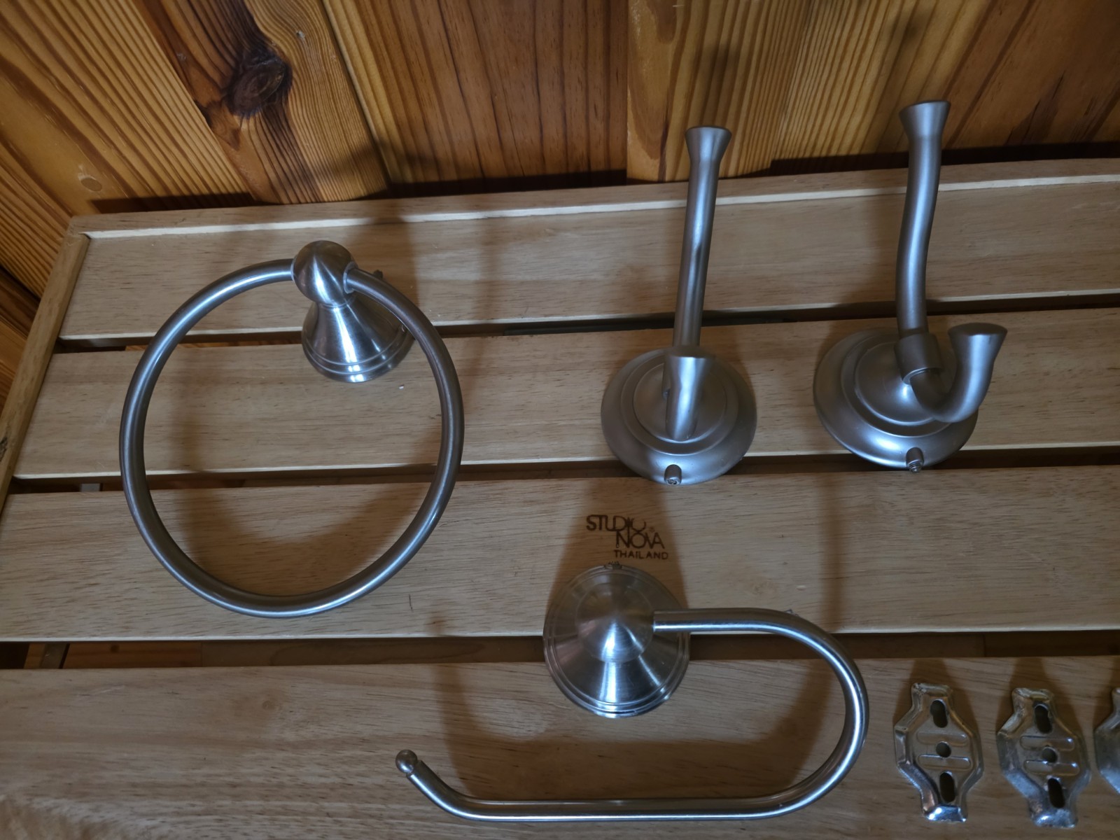 4 Piece Bath Hardware Accessories 2 Dble Hooks/Ring/TP Holder Brushed Nickel