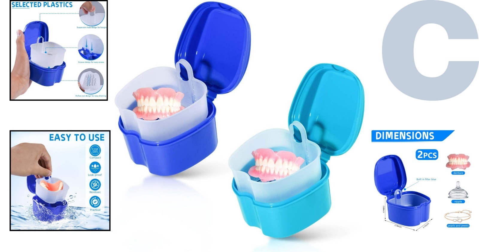 Denture Care Solution: 2-Pack Bath Case with Easy-Access Strainer Basket
