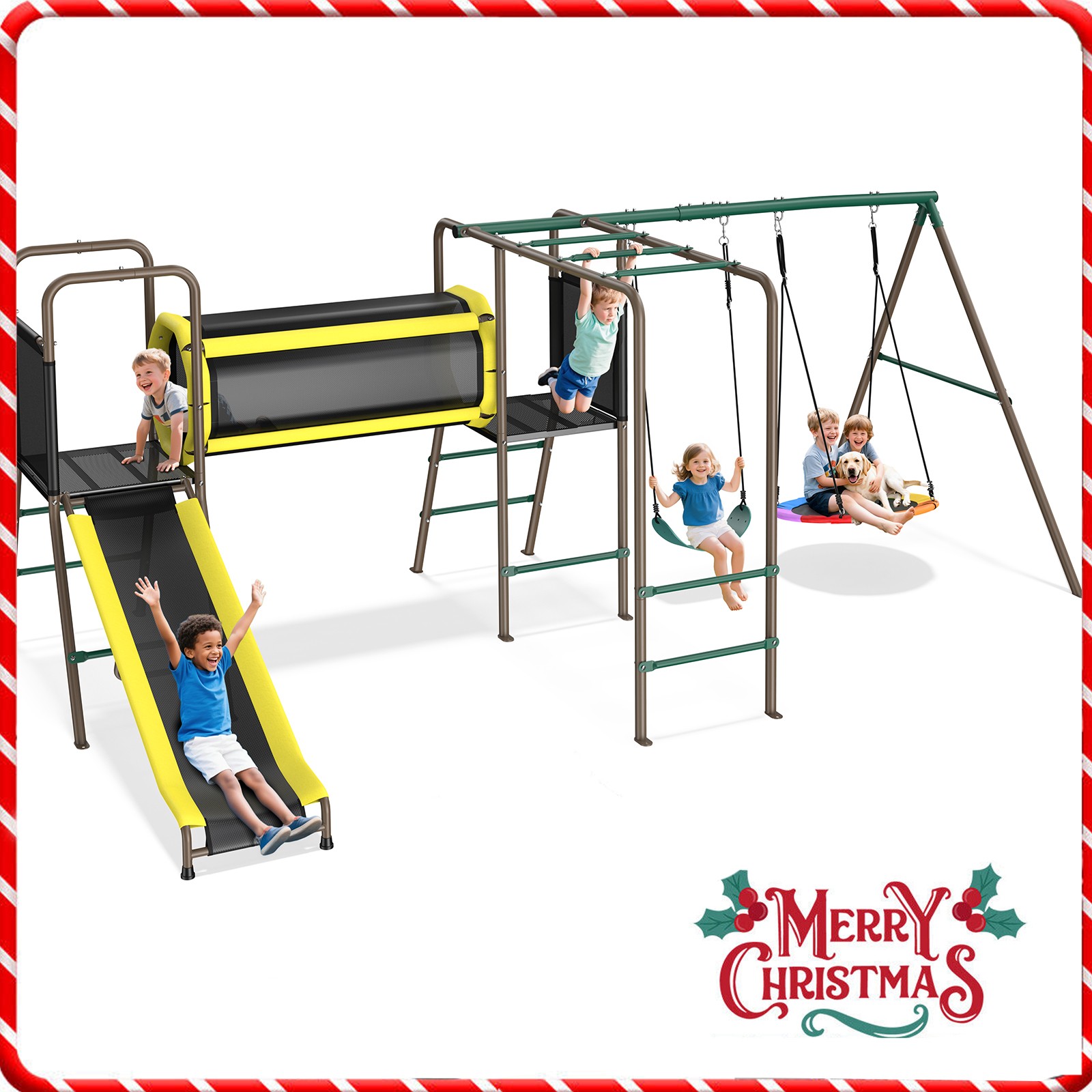 6 in 1 Metal Playground Swing Set Outdoor Play Set for Kids w/ Slide & 2 Swings