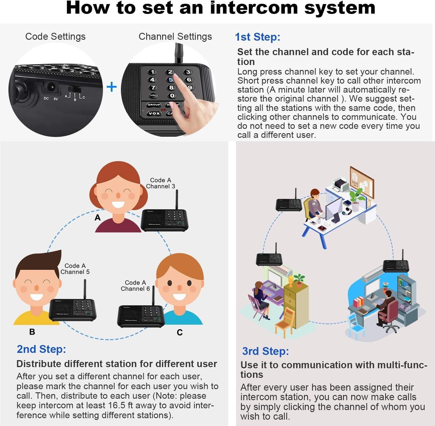 Intercoms Wireless for Home 5280 Feet Range 10 Channel 3 Code, Wireless Inter...