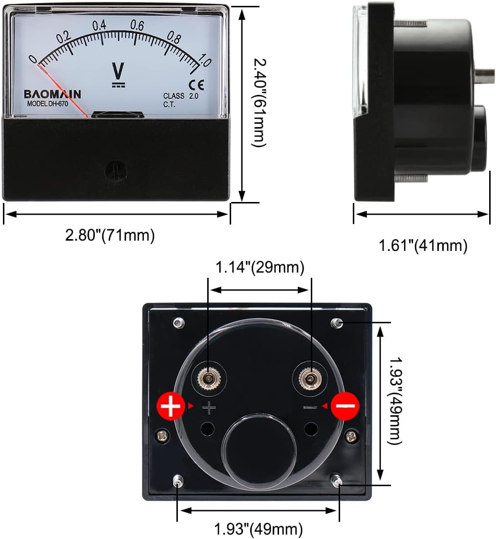 Baomain Voltmeter DH-670 DC 0-1V Rectangular Class 2.0 Analog Panel Volt Voltage