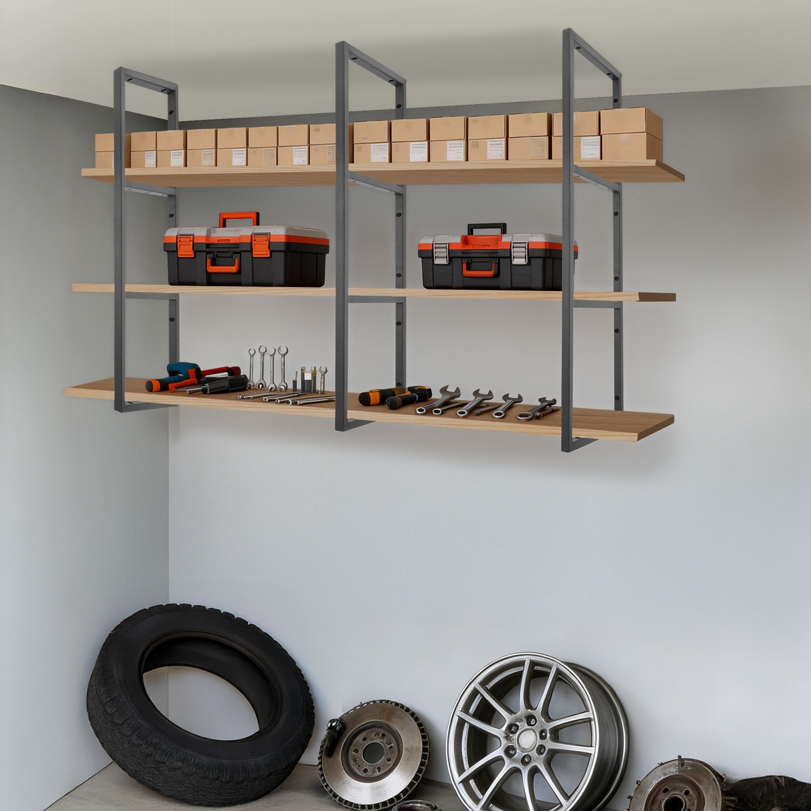 3-Tier Rectangular Shelf Bracket Wall/Floor/Ceiling Mount Storage Shelving Brack