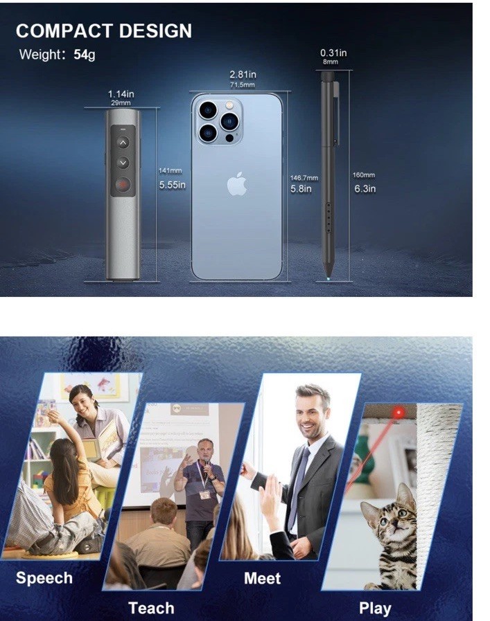 Wireless Presenter Remote Clicker for PowerPoint Keynote Mac PC Laptop USB-C Red