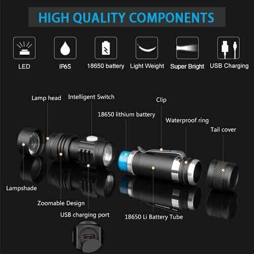 Powerful LED Flashlight High Lumens Tactical Torch Flash Light USB Rechargeable
