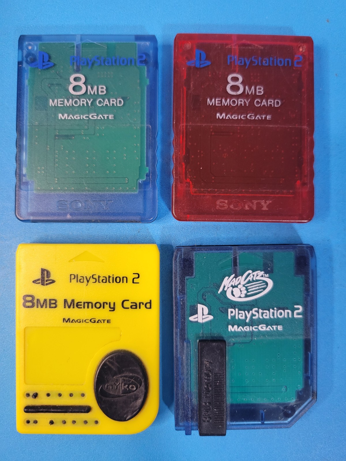 (4) Sony PlayStation 2 PS2 Memory Card 8MB Lot Red Blue Yellow