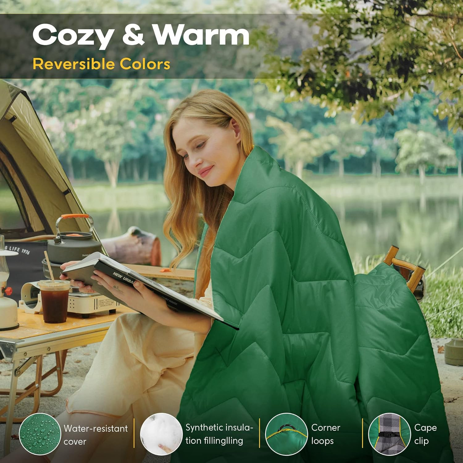 Waterproof Puffy Camping Blanket - Lightweight Packable Outdoor Quilt with Corne