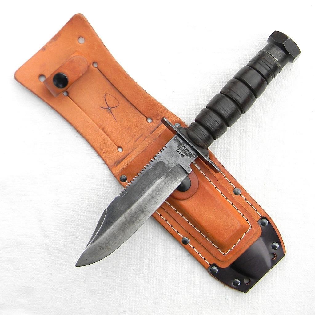 PIC, Japan 1980s model 10998 copy of USAF Jet Pilot Knife, orig leather sheath
