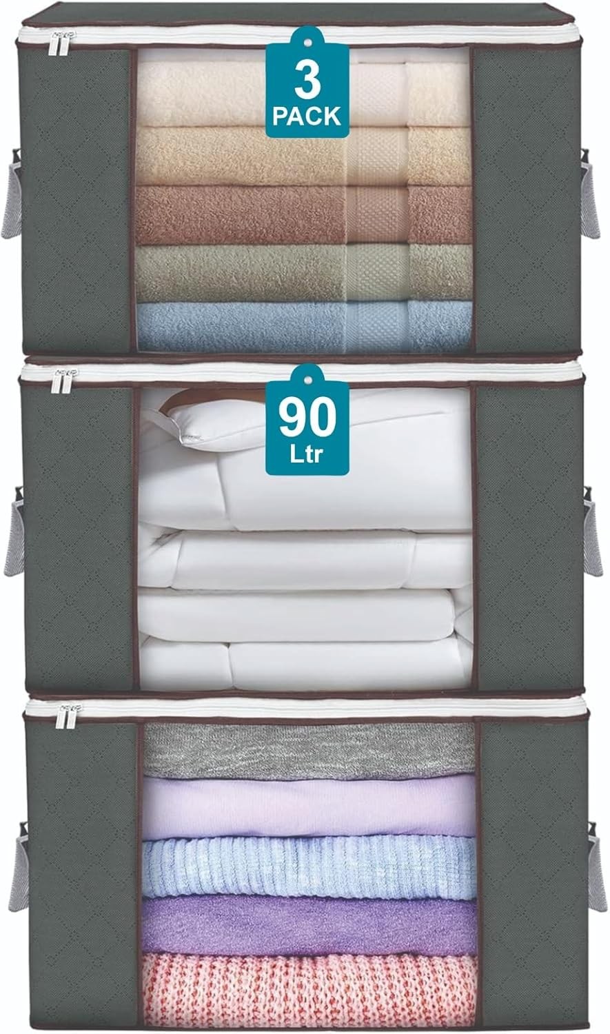 90L Large Storage Bags for Clothes,Blanket and Comforter, 3 Pack Foldable Clothe