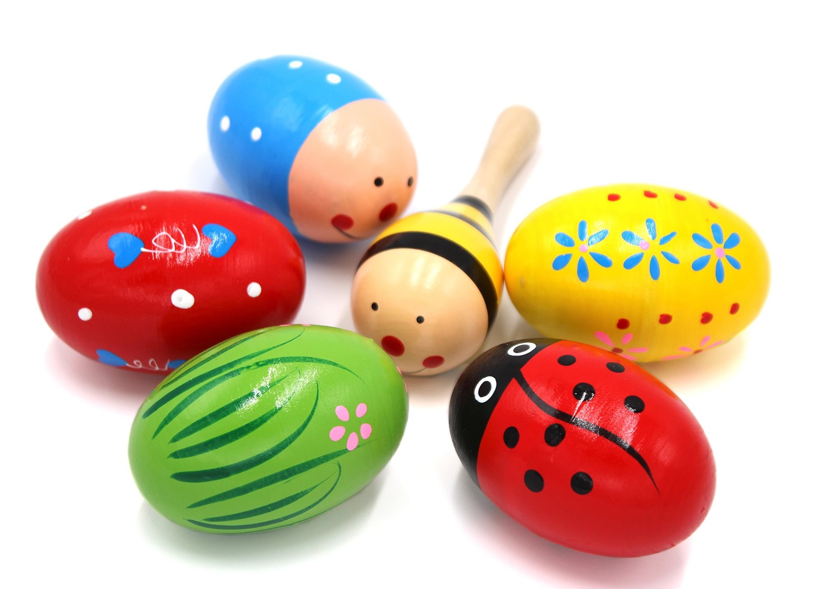 Set of 6 - 5PCS Adorable Wooden Egg Maracas Musical Colorful Percussion Easte...