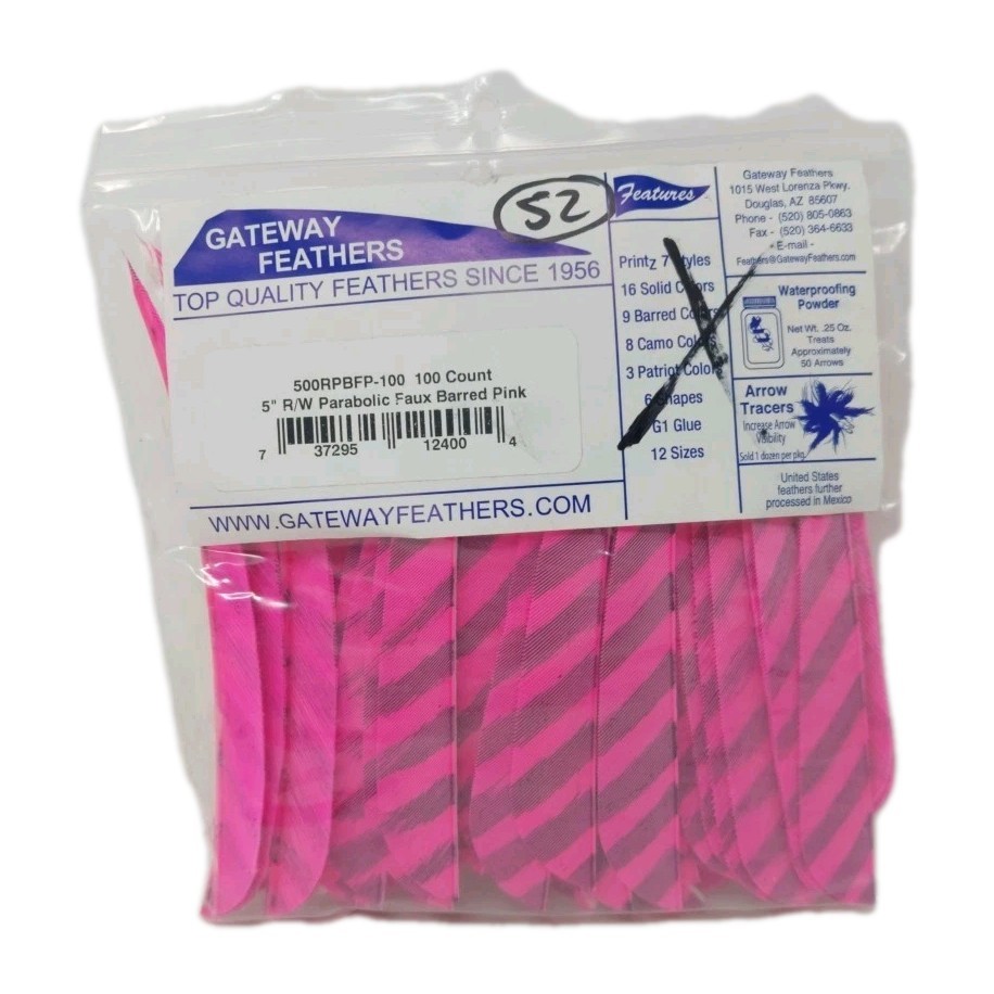 52 Count Gateway Feathers 5" Right Wing: Parabolic Faux Barred Pink 500RPBFP
