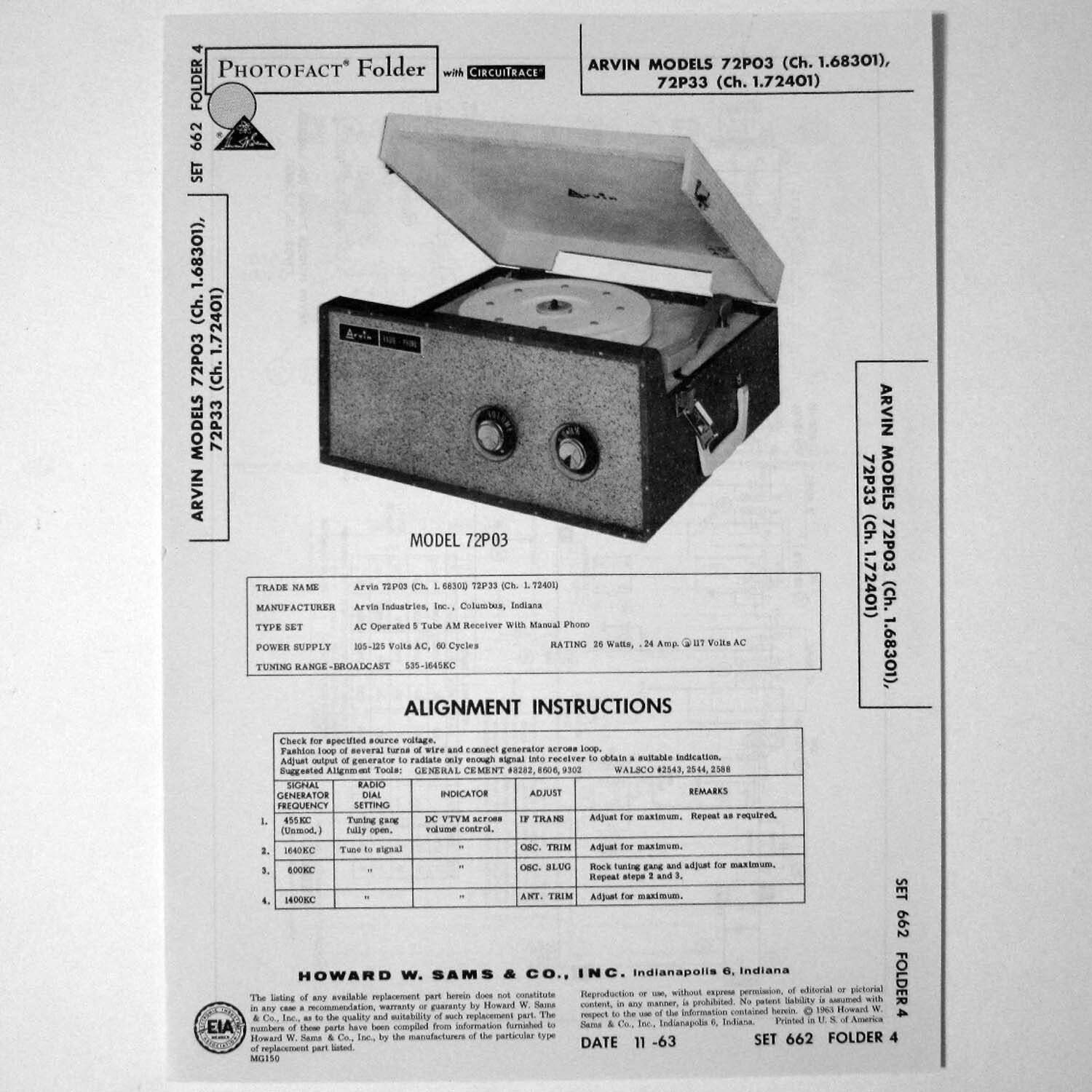 Arvin Models 72P03 72P33 Portable Record Player - SAMS Photofact ™ 1963 New