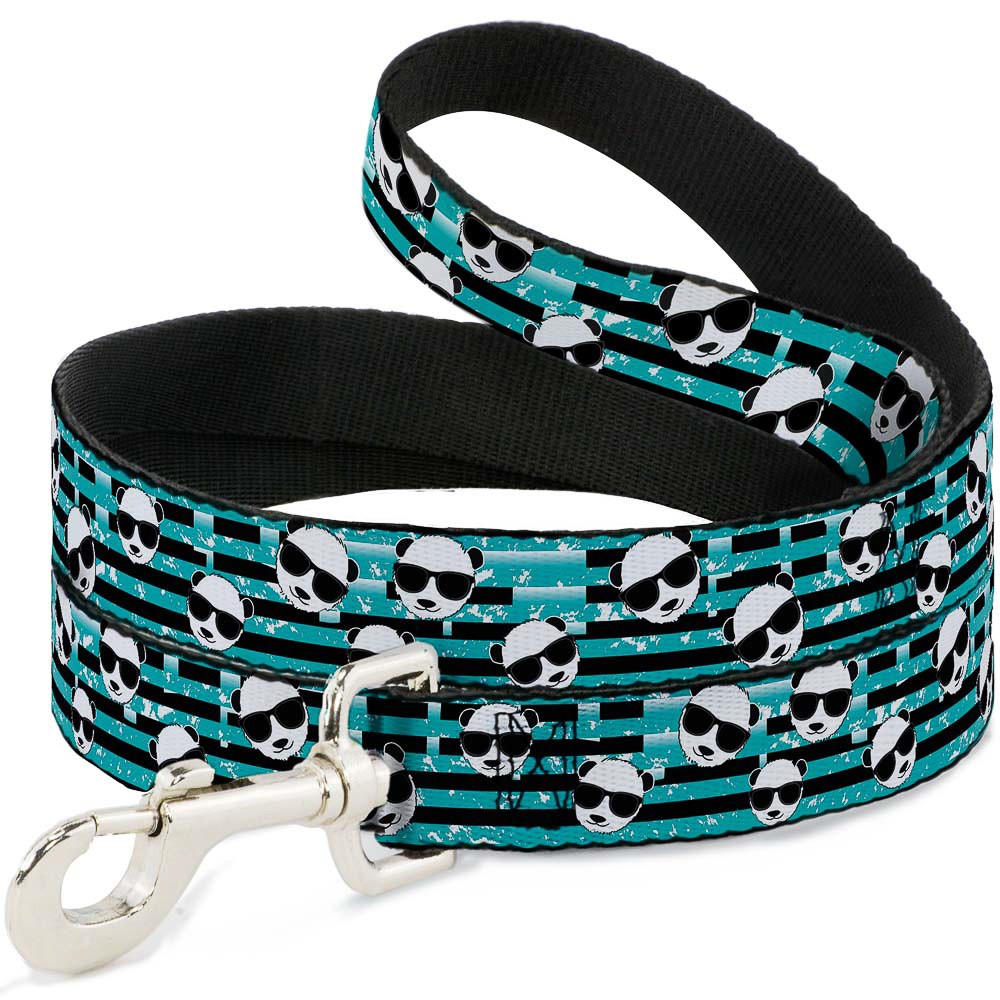 Dog Leash 6-FEET Multi Panda w/Sunglasses Stripe Turquoise/Black