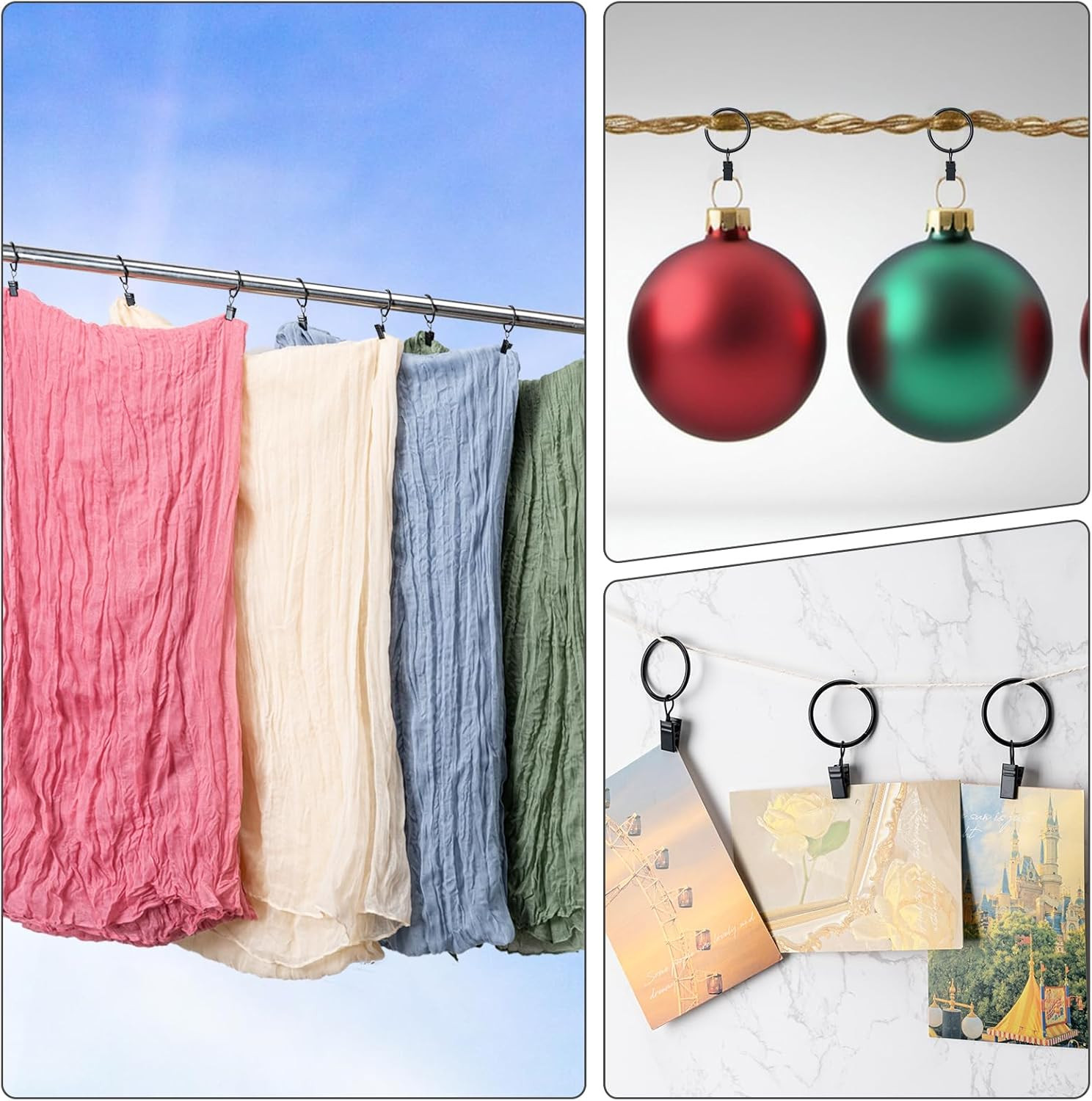 BOOMIBOO 36 Pack Curtain Rings with Clips, 1.26" I D 36 Pack, Black