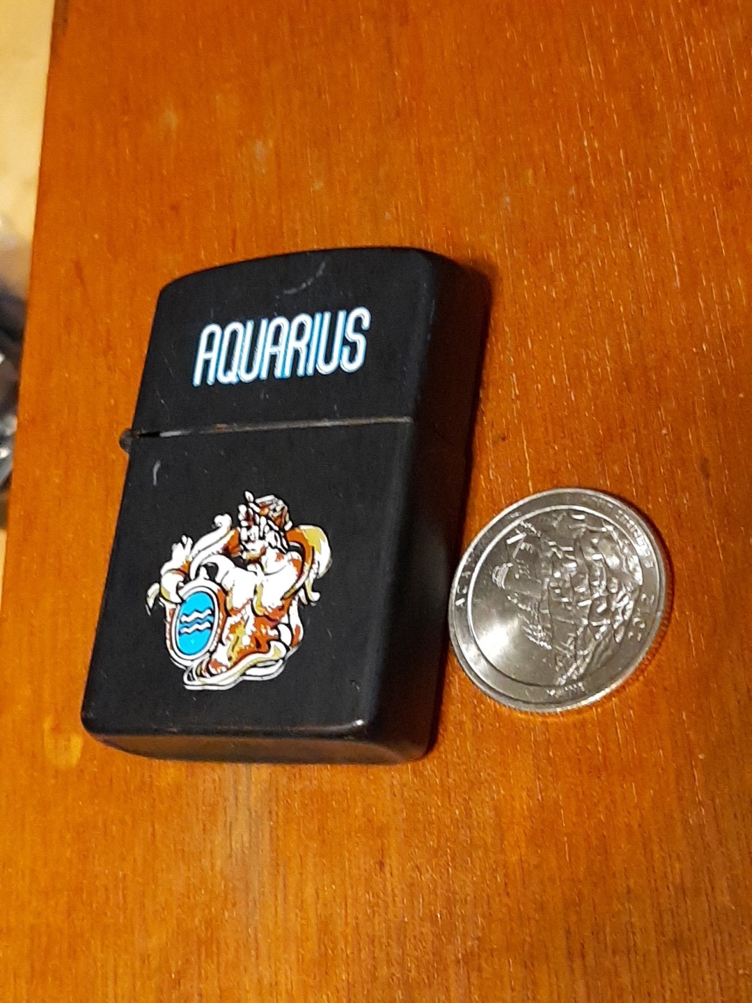 Vtg Flip Top Astrology Lighter Aquarius Black Damaged ForPartsOrRepair J12